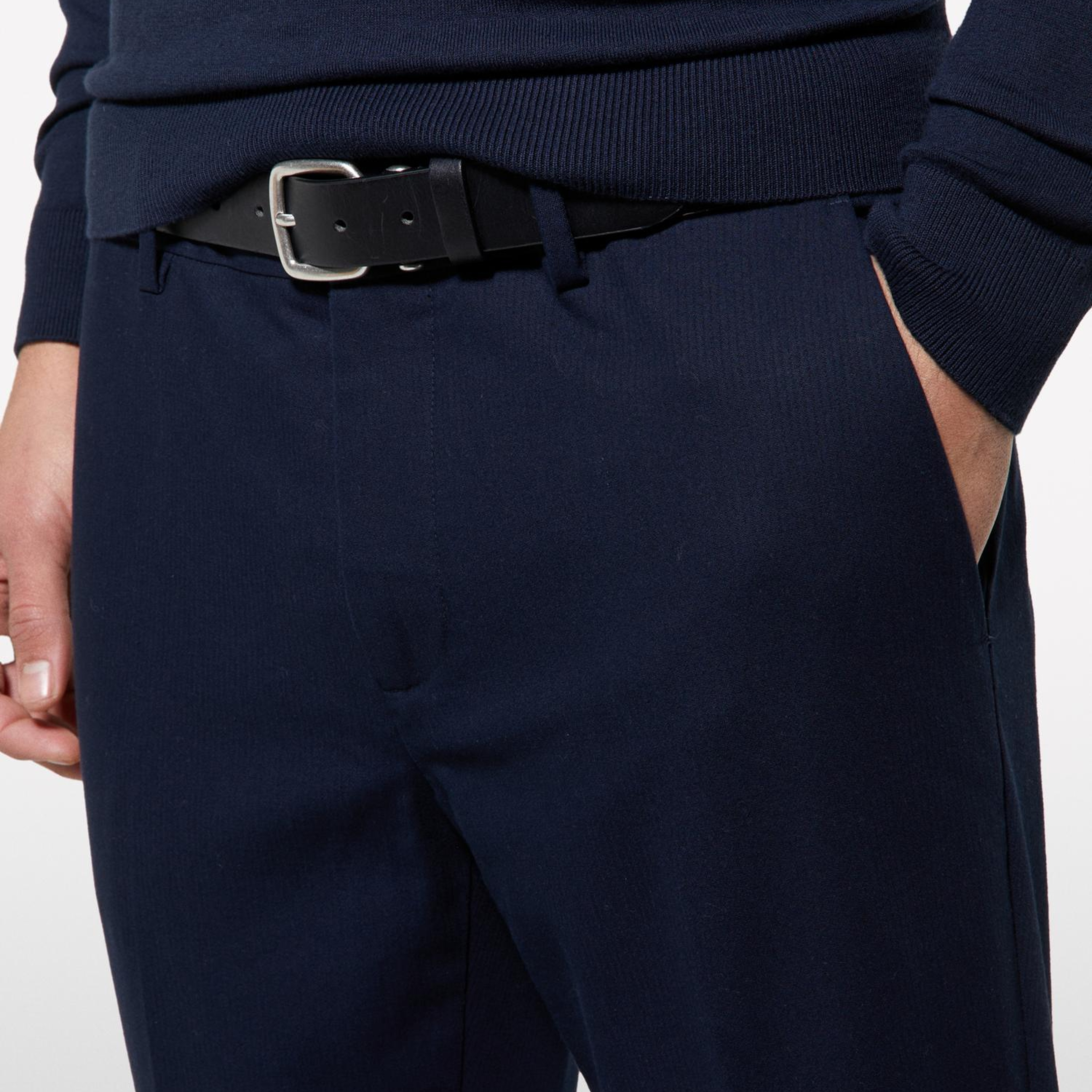 Erkek Koyu Lacivert Streç Pamuklu Logo Detaylı Slim Fit Chino Pantolon