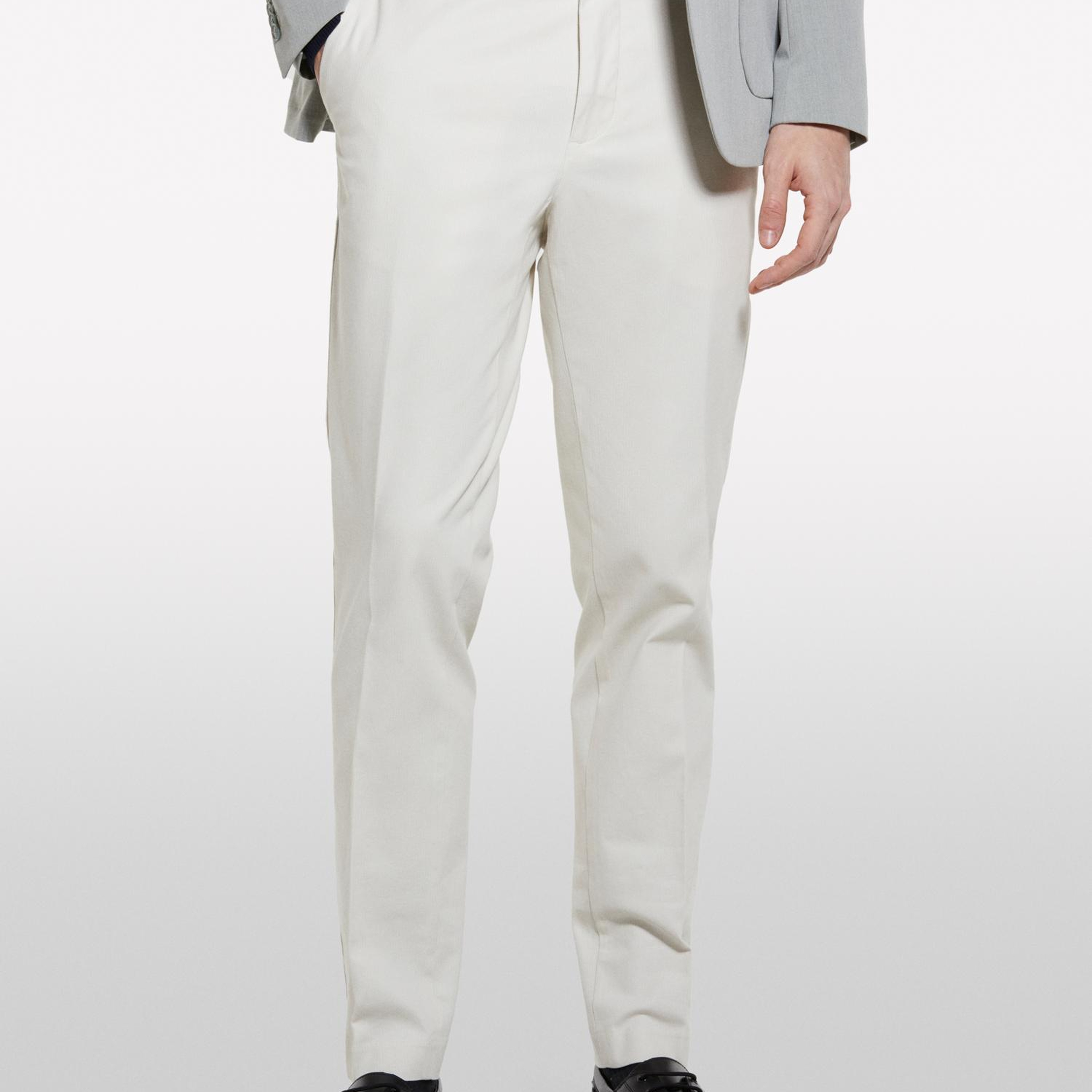 Erkek Açık Bej Streç Pamuklu Logo Detaylı Slim Fit Chino Pantolon