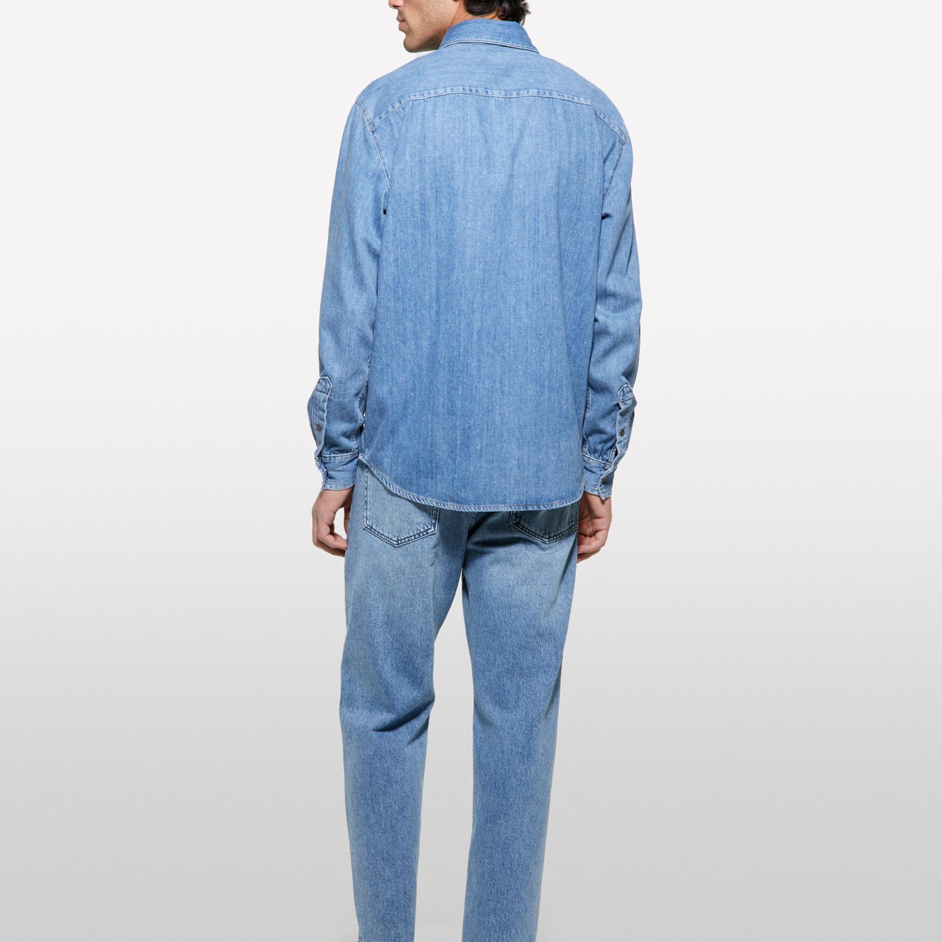 Erkek Açık Denim %100 Pamuk Önü 2 Cepli Regular Fit Denim Gömlek