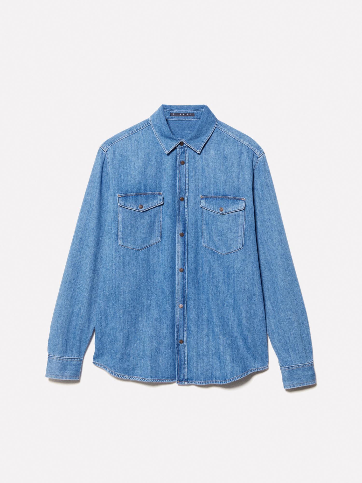 Erkek Açık Denim %100 Pamuk Önü 2 Cepli Regular Fit Denim Gömlek