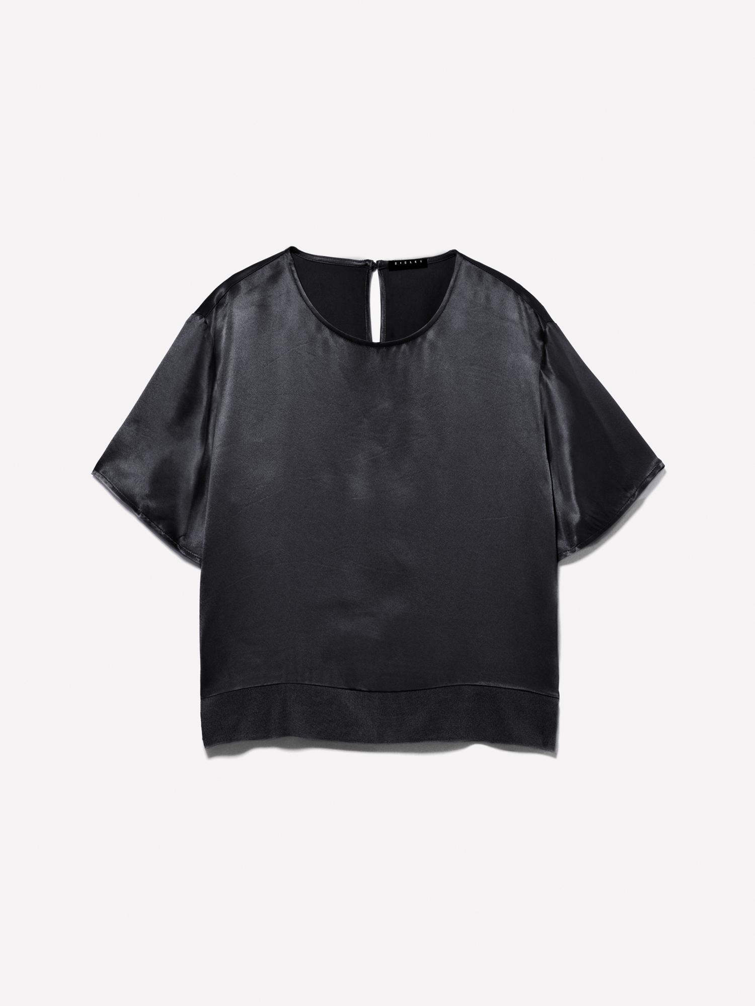 Kadın Siyah %100 Viskoz Yanı Yırtmaçlı Oversize Bisiklet Yaka Saten Bluz