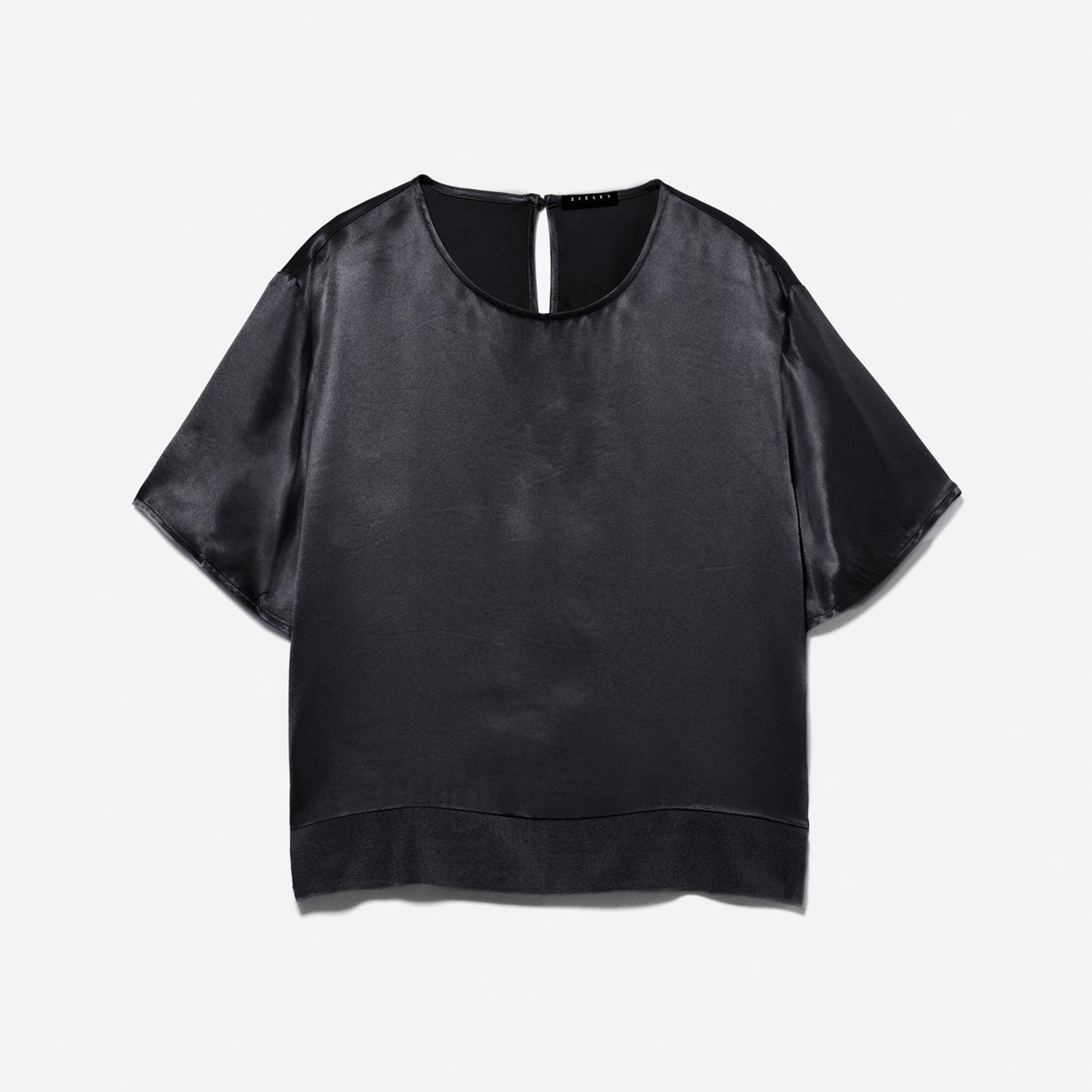 Kadın Siyah %100 Viskoz Yanı Yırtmaçlı Oversize Bisiklet Yaka Saten Bluz