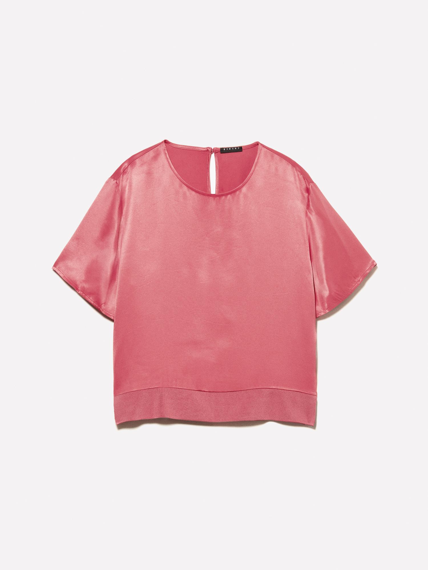 Kadın Koyu Pembe %100 Viskoz Yanı Yırtmaçlı Oversize Bisiklet Yaka Saten Bluz