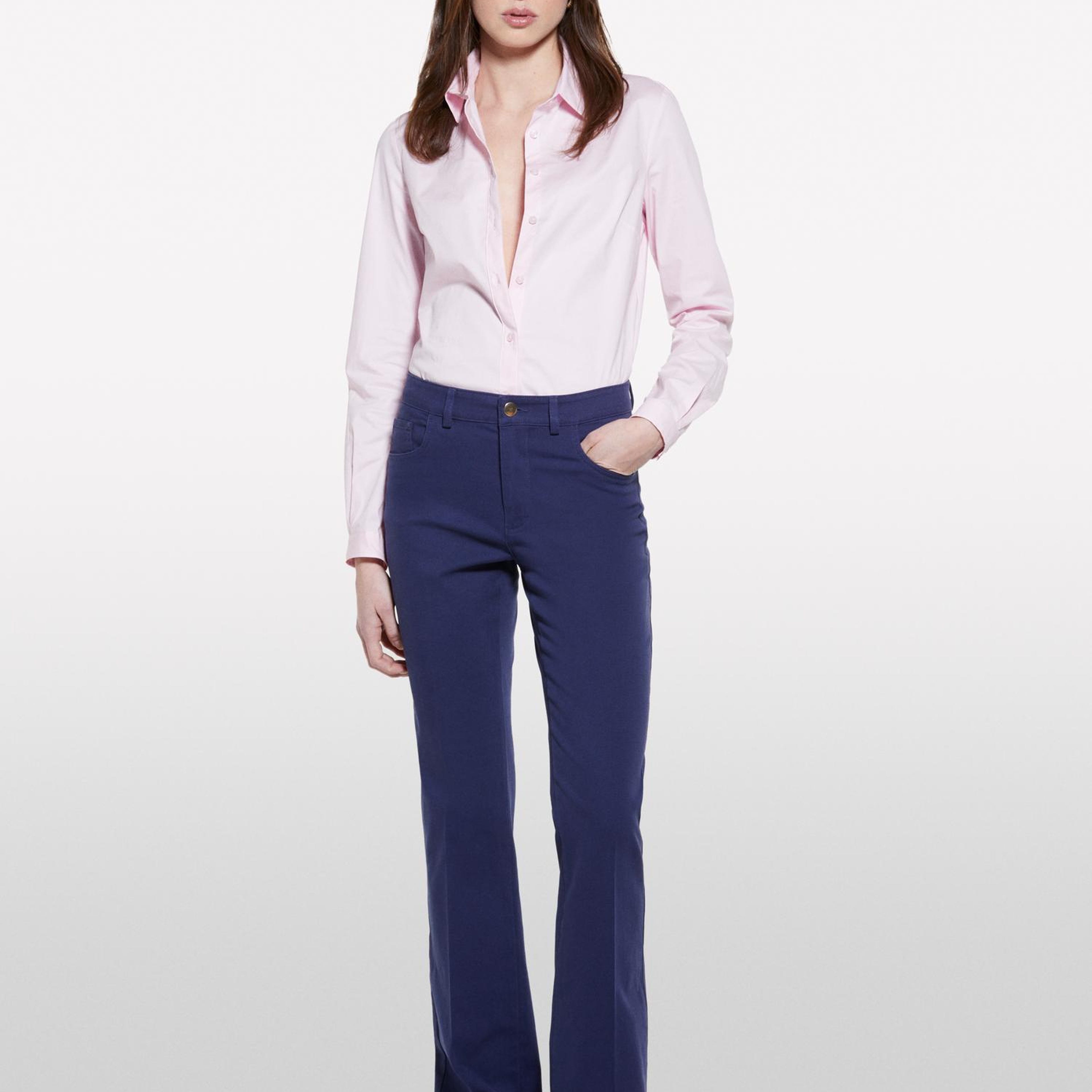Kadın Açık Pembe Streç Pamuklu Pens Detaylı Slim Fit Gömlek