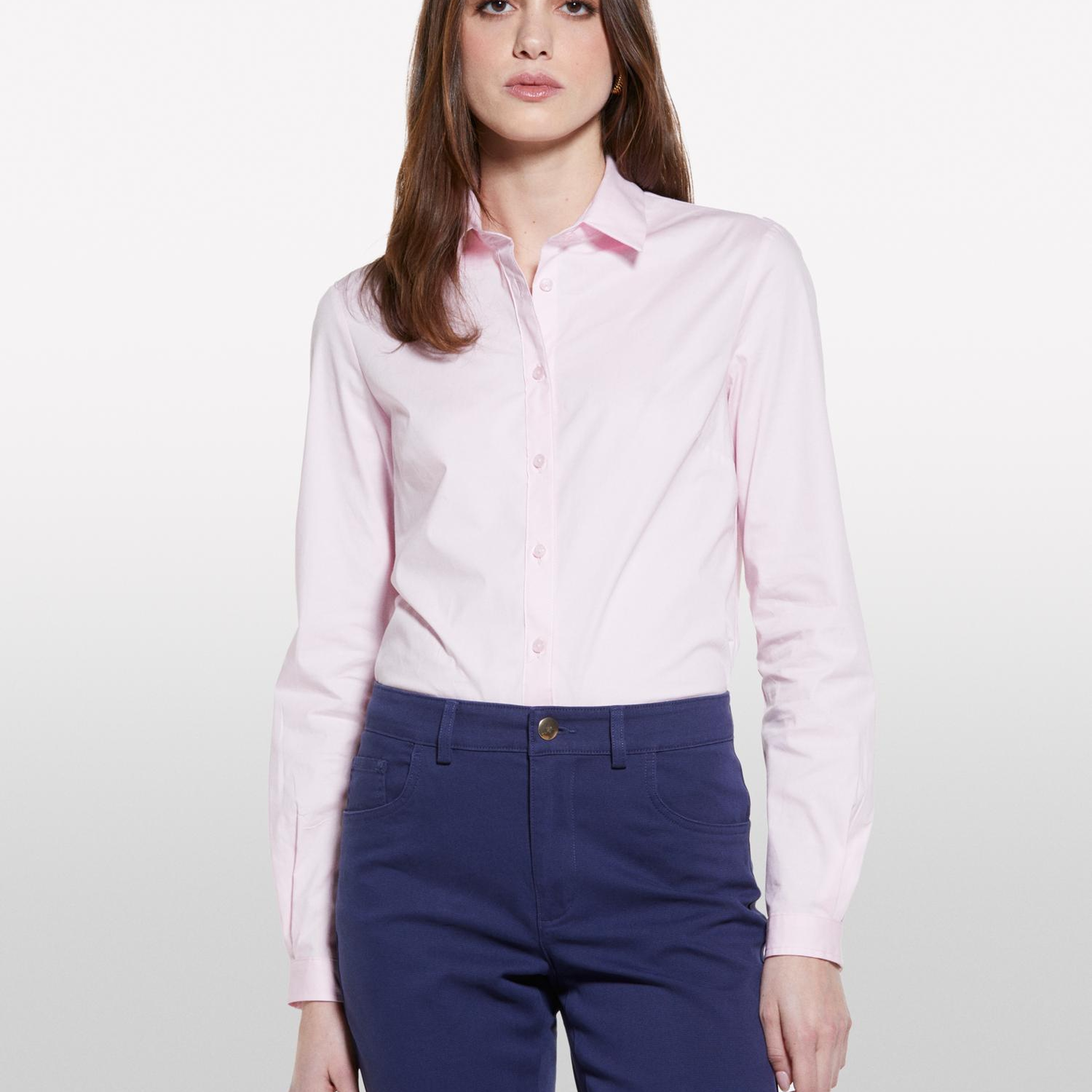 Kadın Açık Pembe Streç Pamuklu Pens Detaylı Slim Fit Gömlek