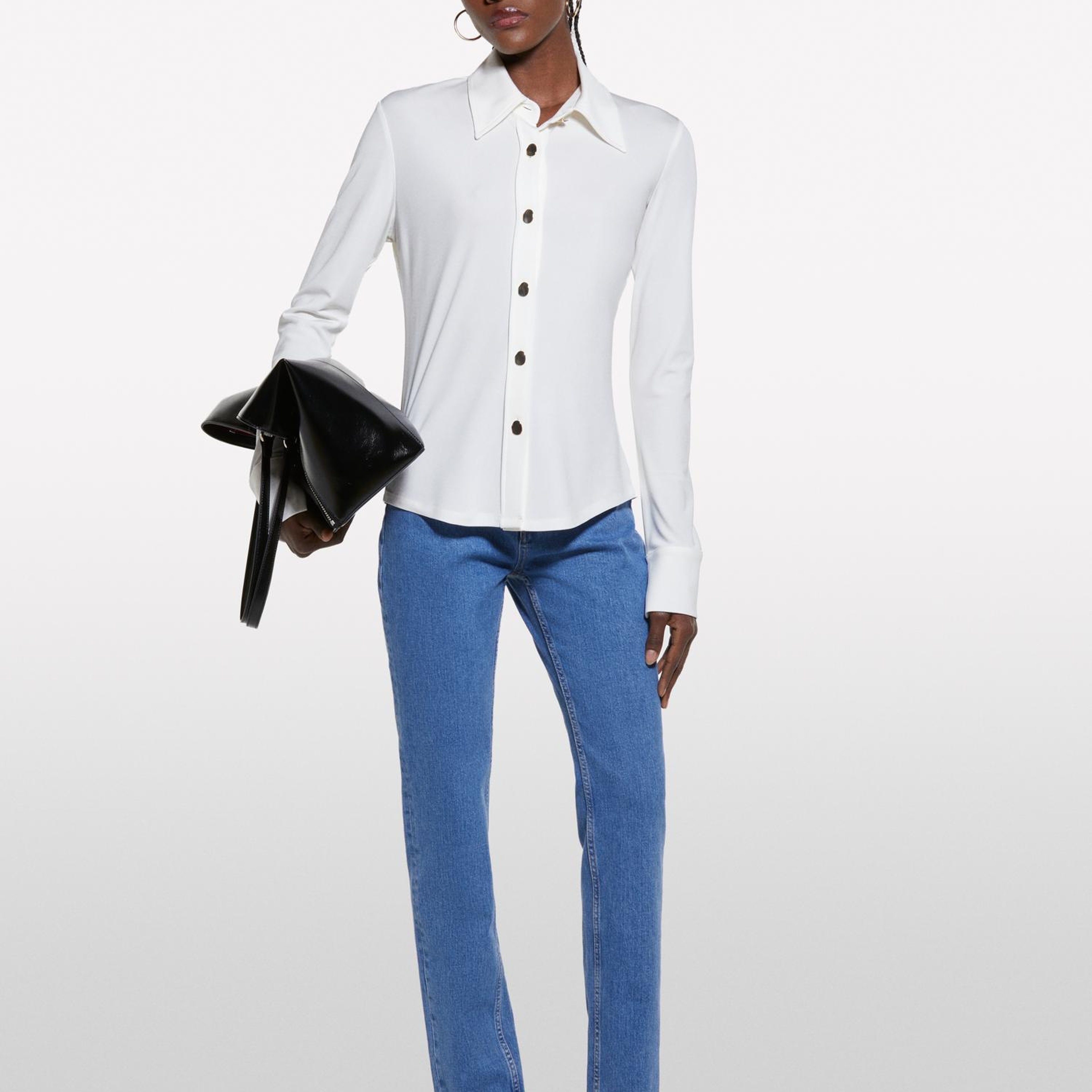 Kadın Bej %100 Viskoz Manşetli Metal Düğmeli Dik Yaka Slim Fit Gömlek