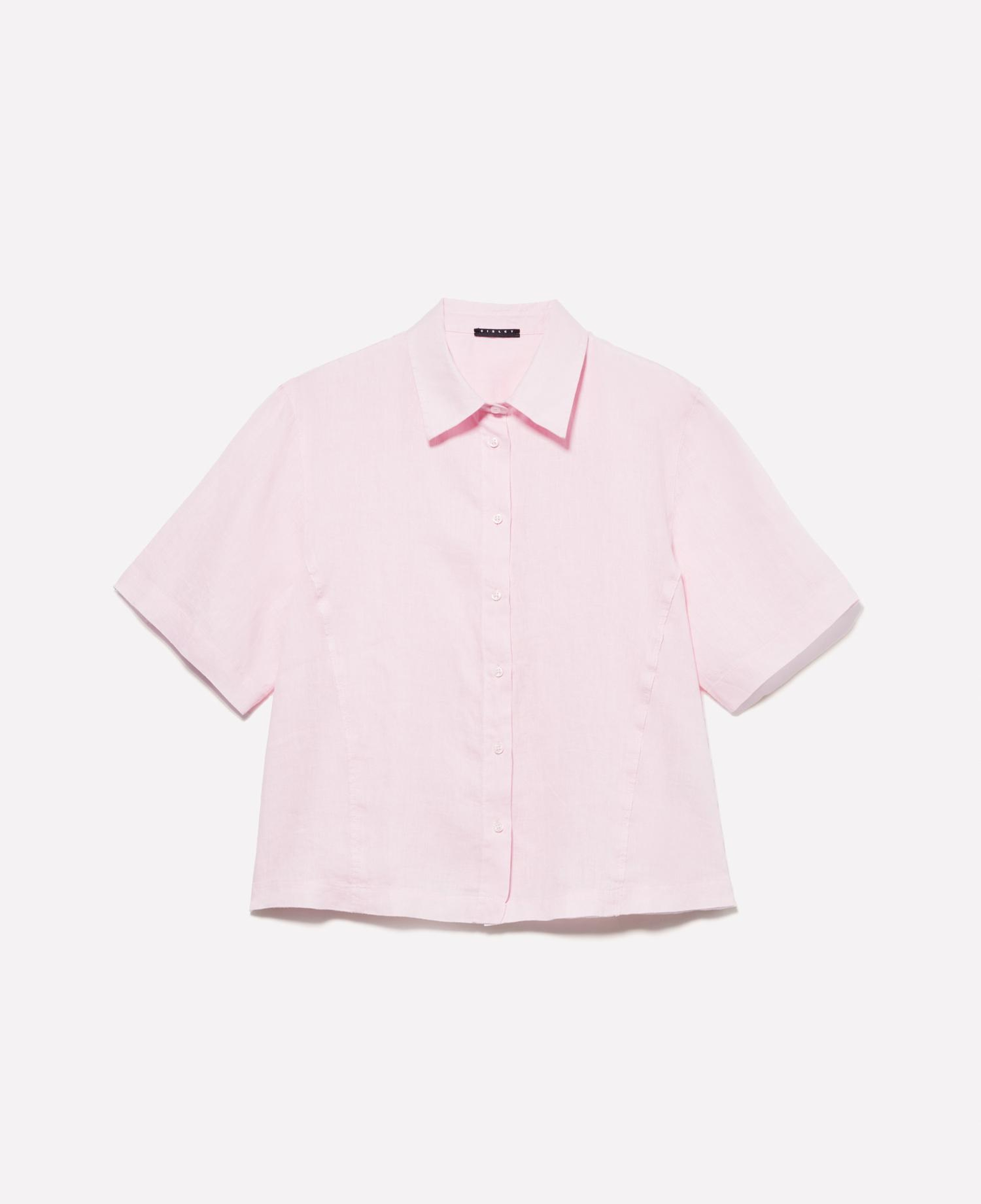 Kadın Açık Pembe %100 Keten Kısa Kollu Gömlek