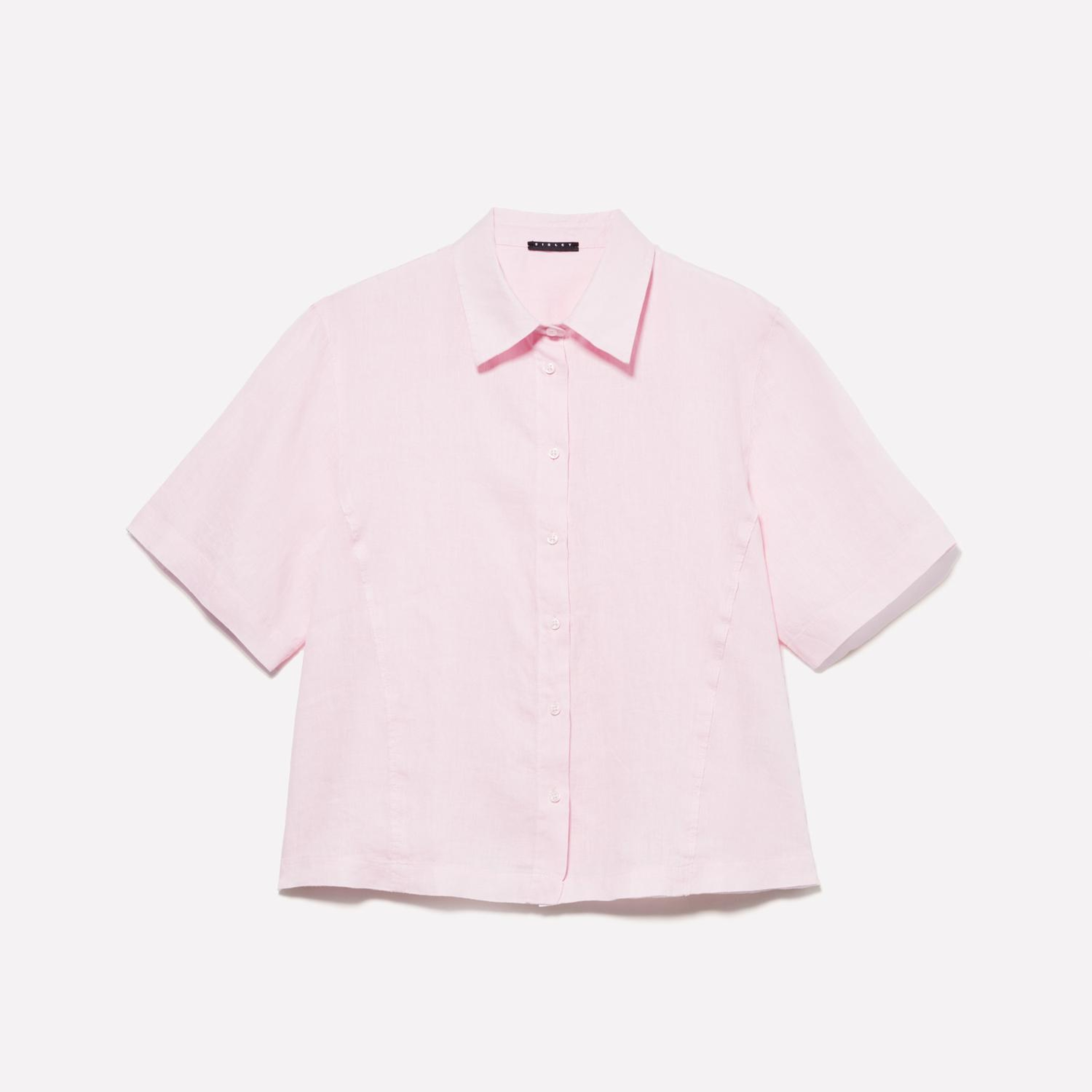 Kadın Açık Pembe %100 Keten Kısa Kollu Gömlek