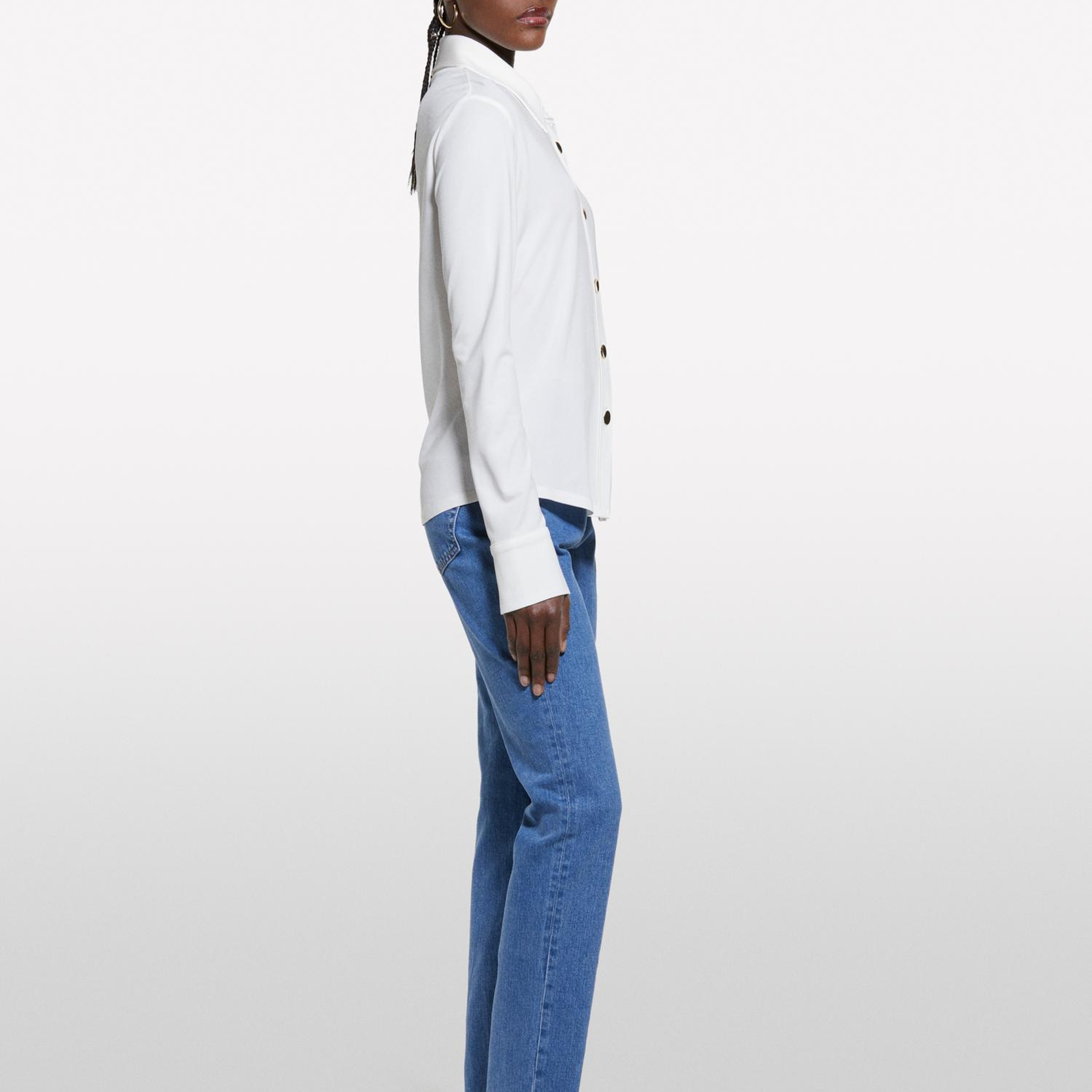 Kadın Bej %100 Viskoz Manşetli Metal Düğmeli Dik Yaka Slim Fit Gömlek