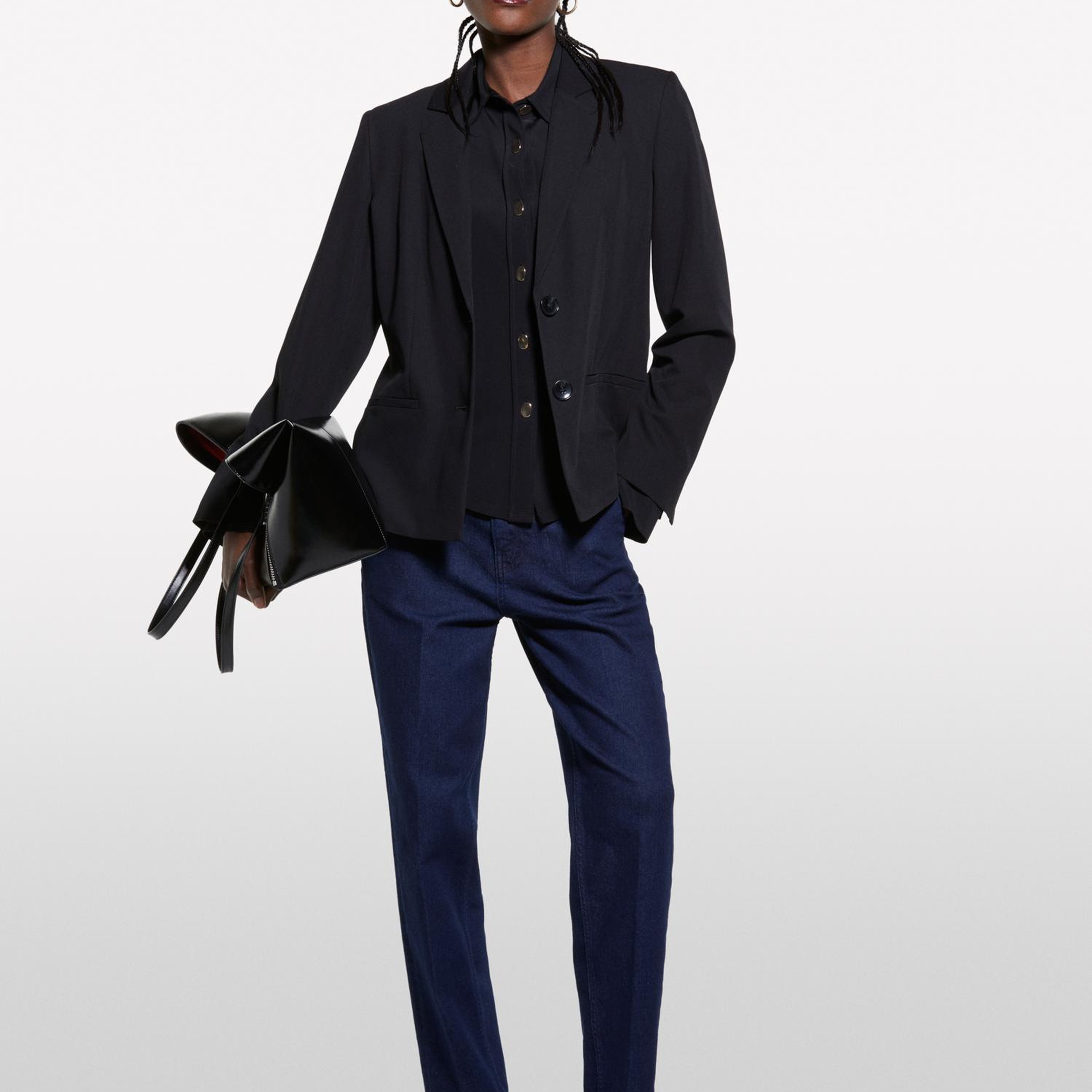 Kadın Siyah %100 Viskoz Manşetli Metal Düğmeli Dik Yaka Slim Fit Gömlek