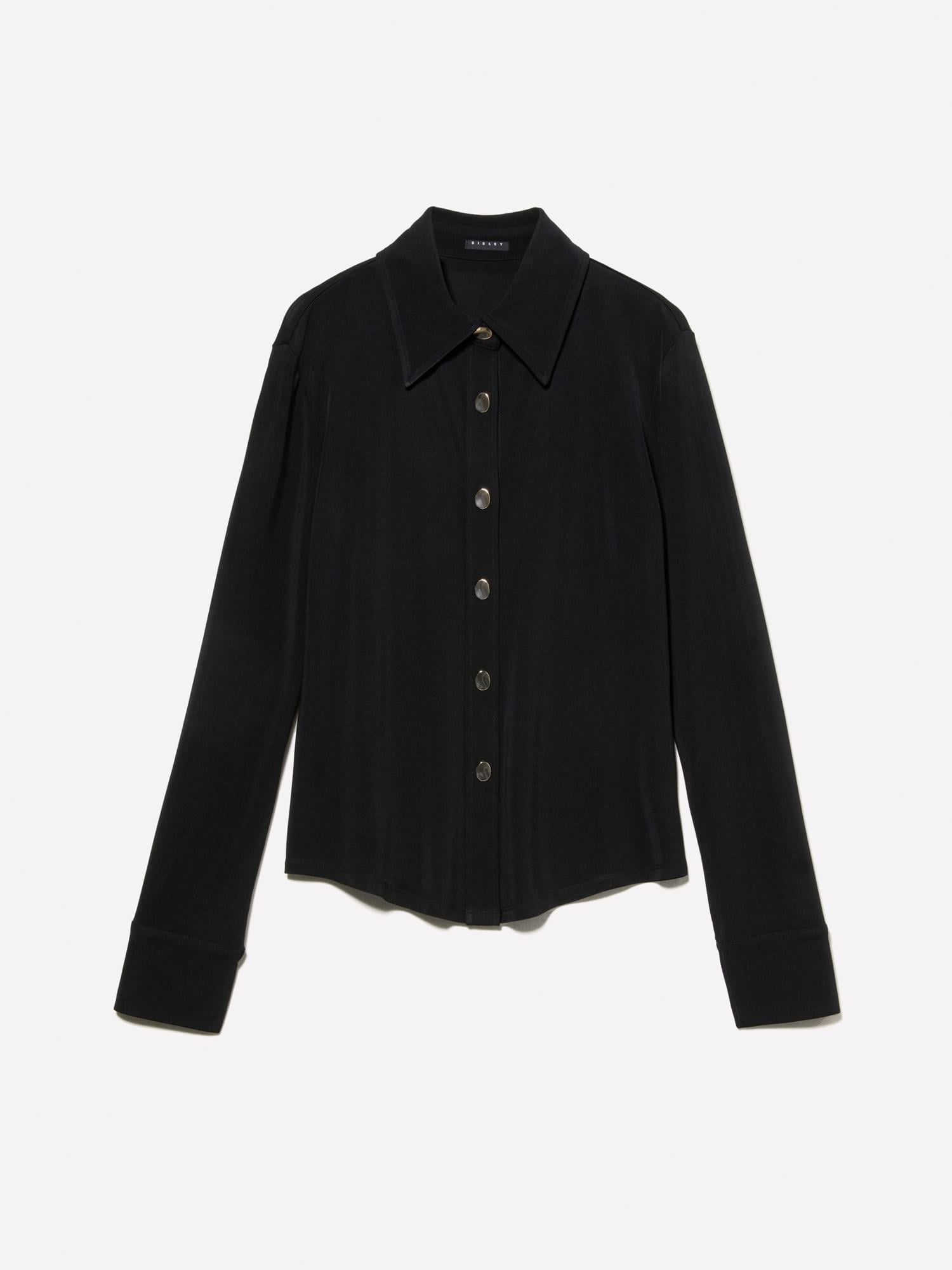 Kadın Siyah %100 Viskoz Manşetli Metal Düğmeli Dik Yaka Slim Fit Gömlek