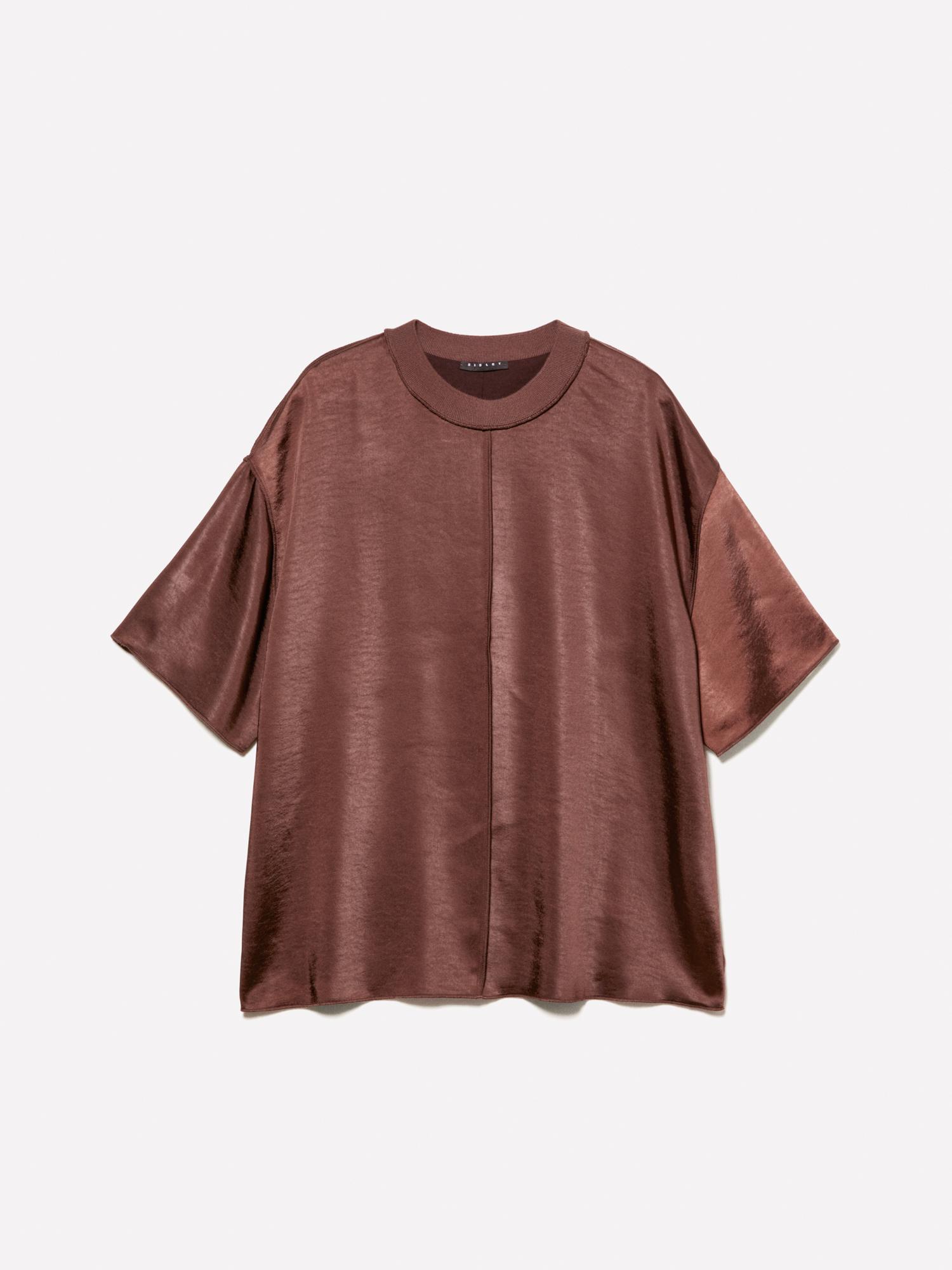 Kadın Koyu kahverengi Yakası Ribanalı Over Fit Saten T-Shirt