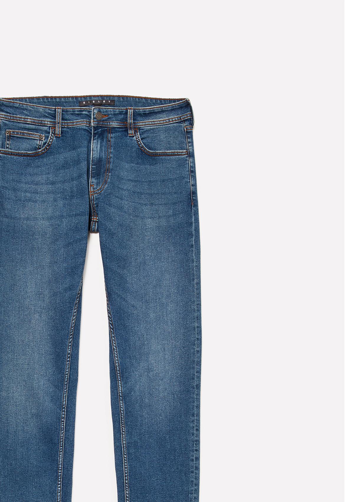 Erkek Mavi Streç Pamuklu Taş Yıkama Orta Bel Slim Fit Denim Pantolon