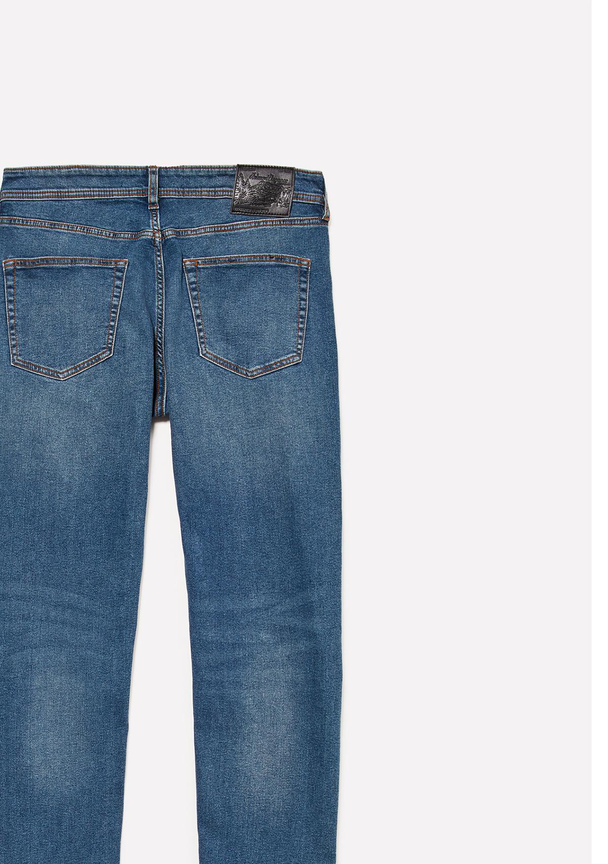 Erkek Mavi Streç Pamuklu Taş Yıkama Orta Bel Slim Fit Denim Pantolon