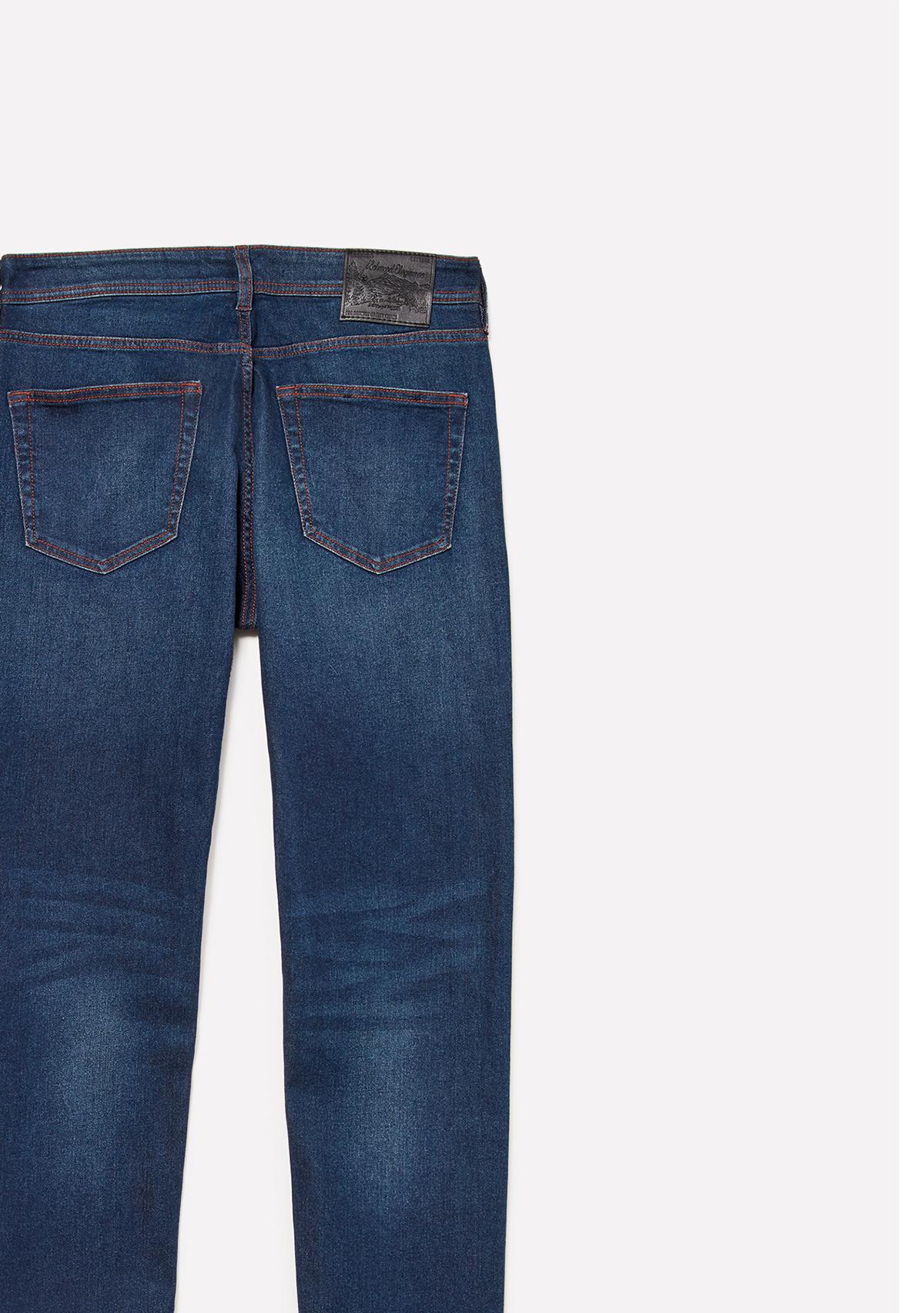 Erkek Koyu Mavi Streç Pamuklu Taş Yıkama Orta Bel Slim Fit Denim Pantolon