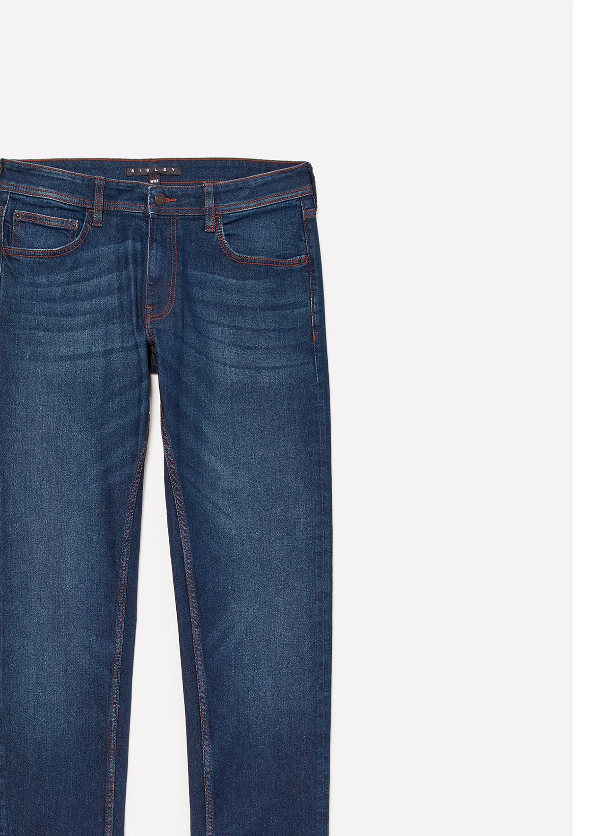 Erkek Koyu Mavi Streç Pamuklu Taş Yıkama Orta Bel Slim Fit Denim Pantolon