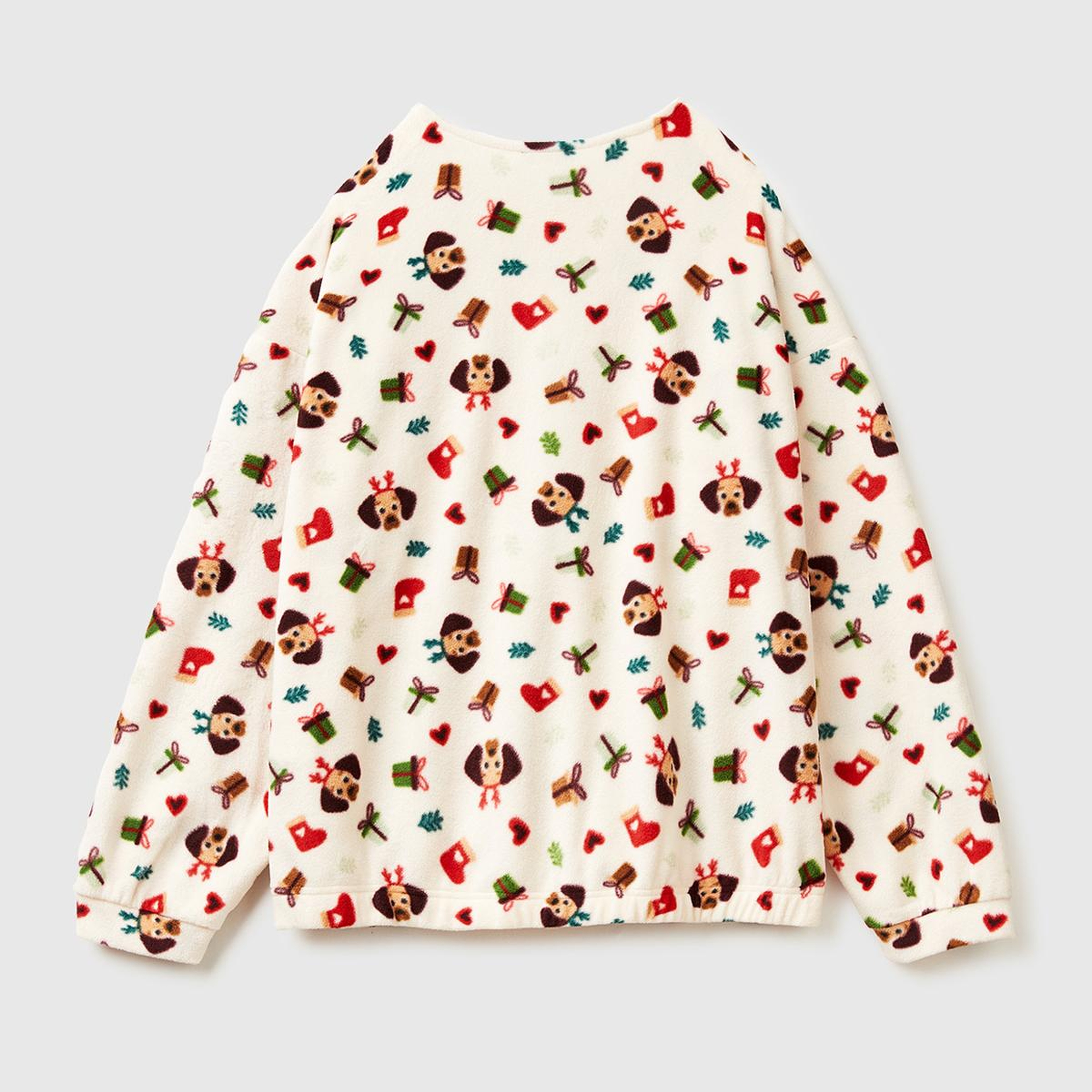 Kadın Ekru Mix Yılbaşı Desenli Polar Pijama Üstü