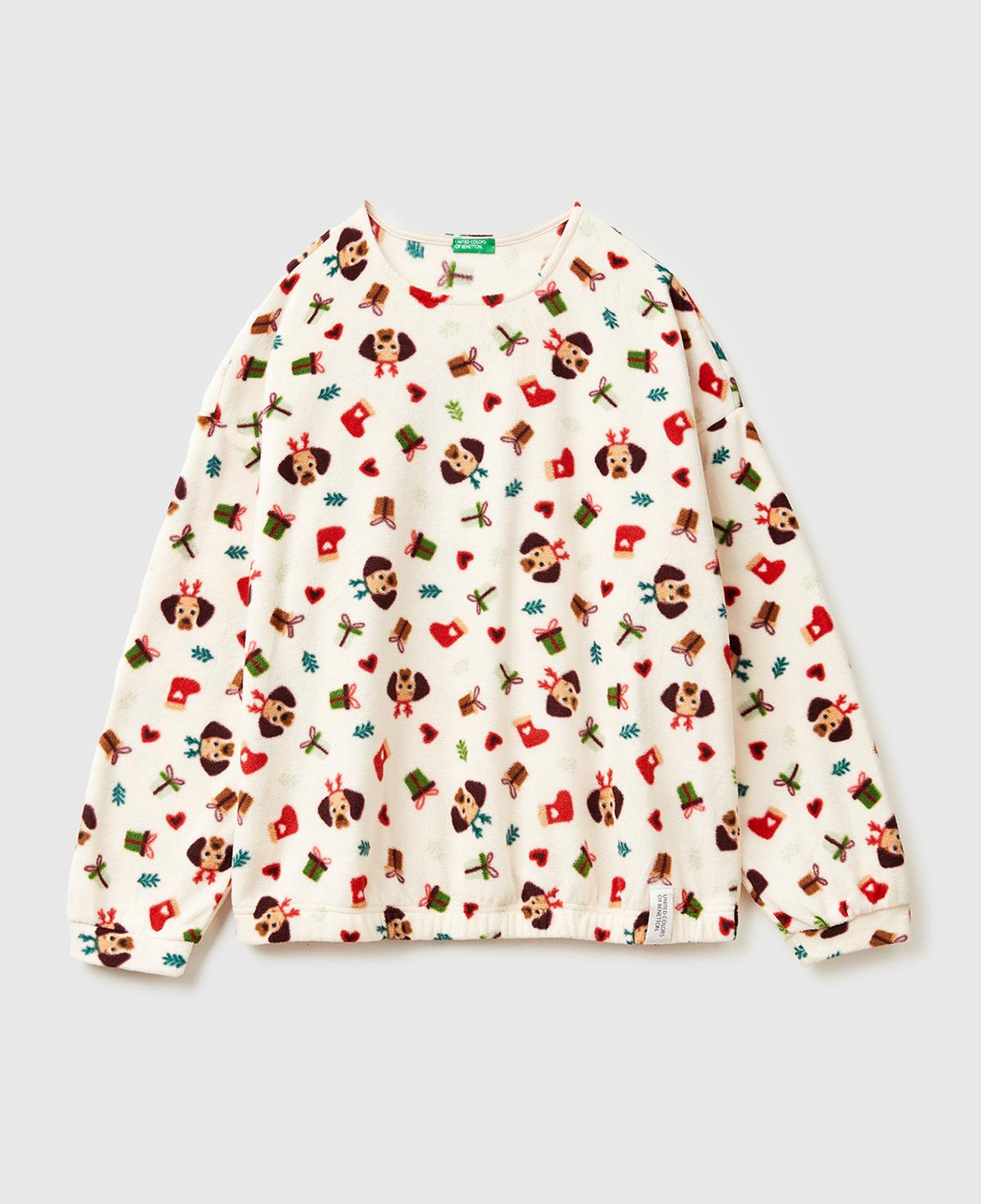 Kadın Ekru Mix Yılbaşı Desenli Polar Pijama Üstü
