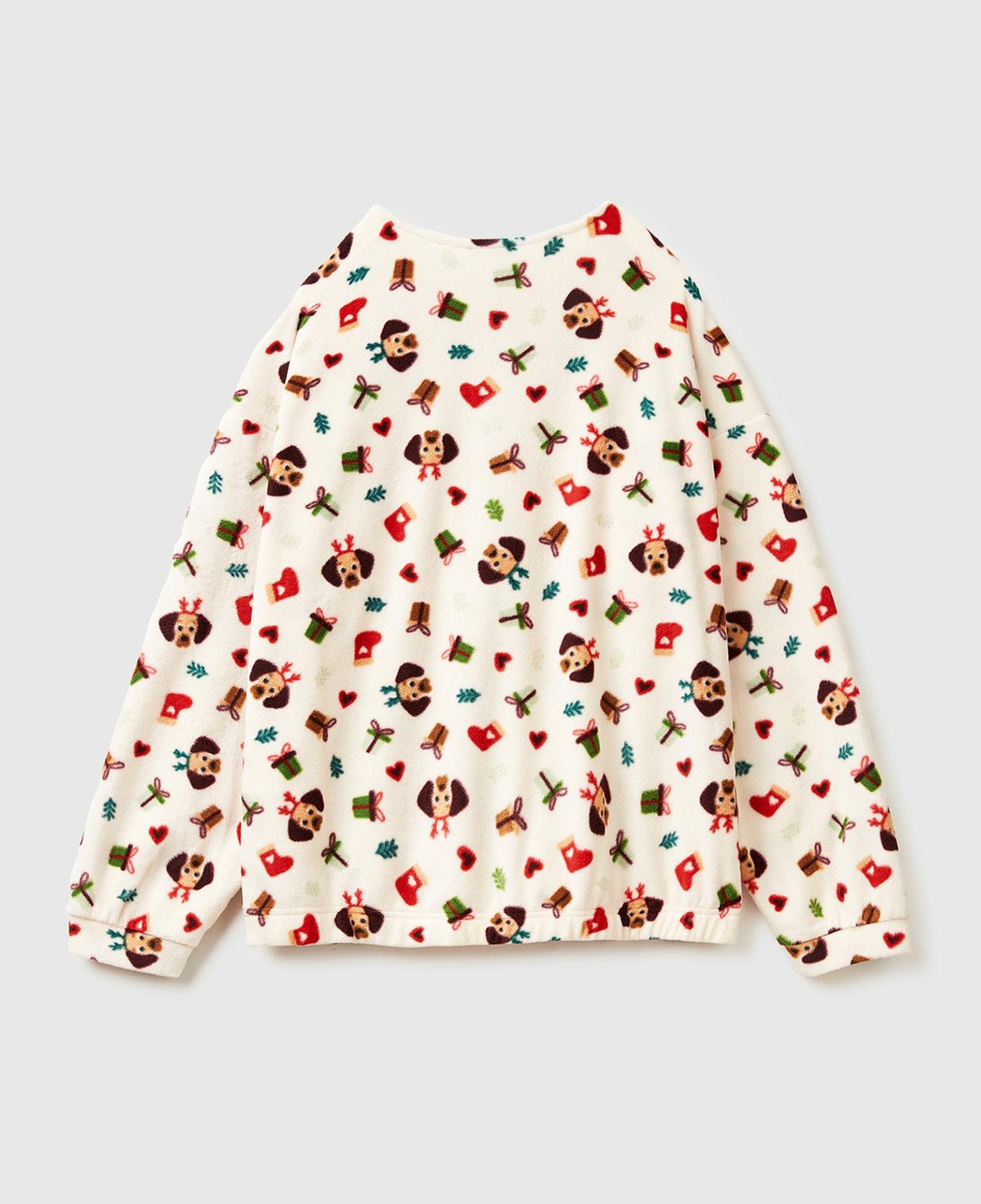 Kadın Ekru Mix Yılbaşı Desenli Polar Pijama Üstü