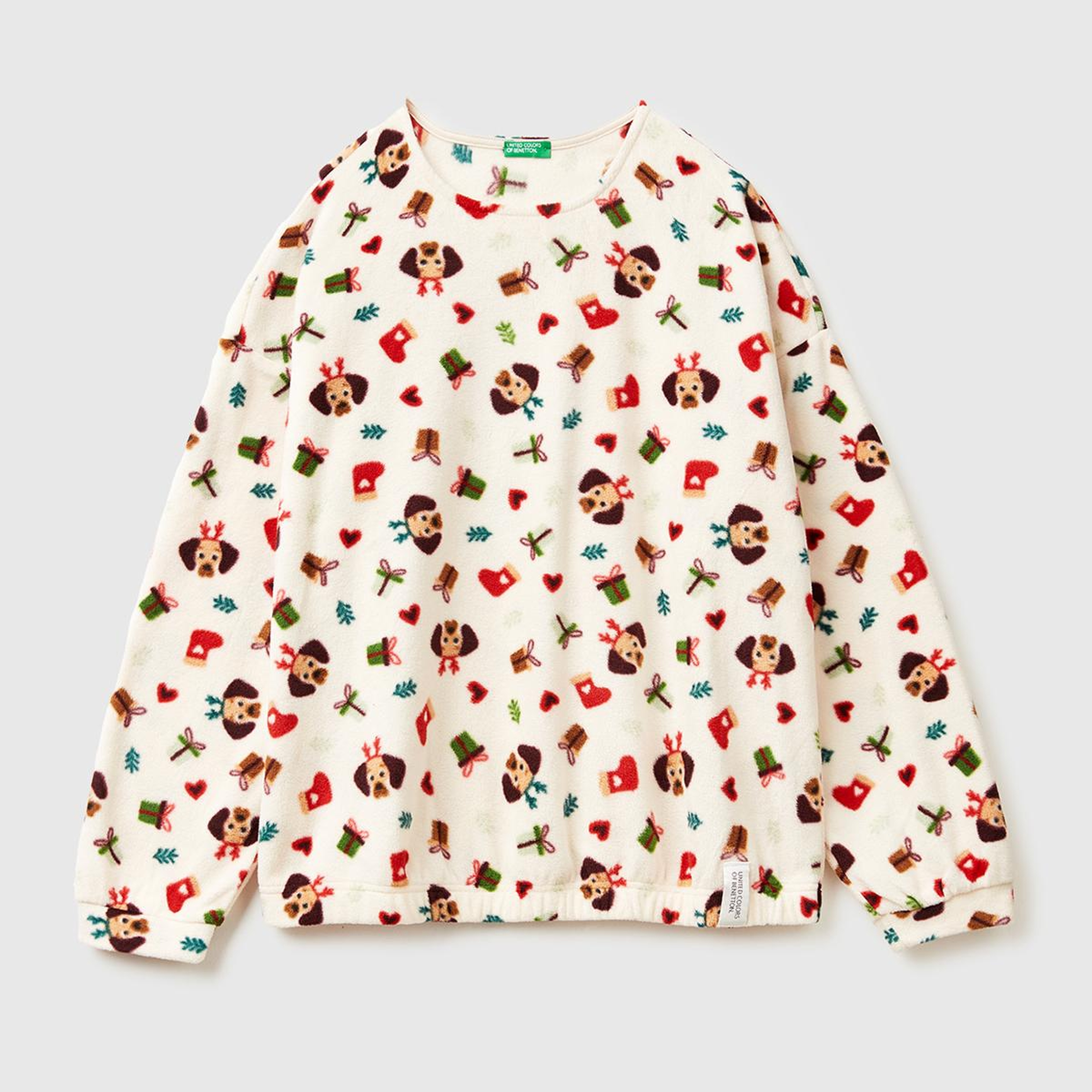 Kadın Ekru Mix Yılbaşı Desenli Polar Pijama Üstü