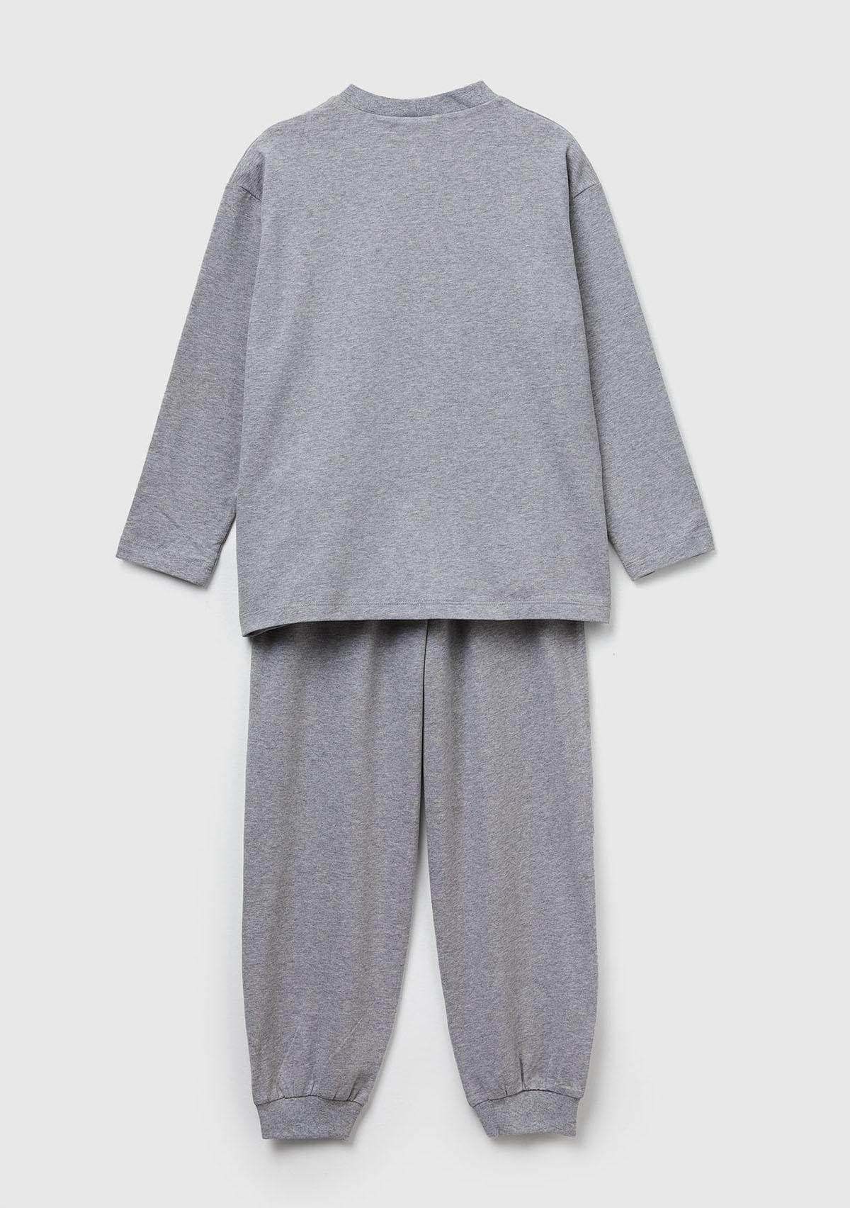 Erkek Çocuk Gri Melanj Logolu Düz Renk Pijama Takımı