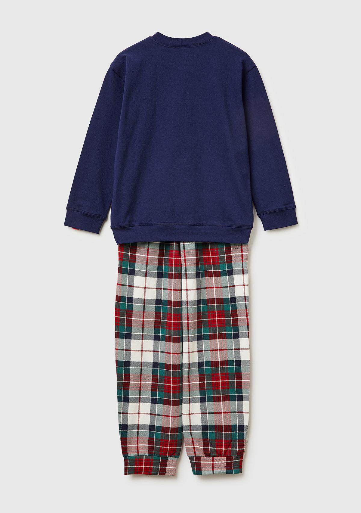 Erkek Çocuk Lacivert Üstü Baskılı Altı Kare Desenli Pijama Takımı
