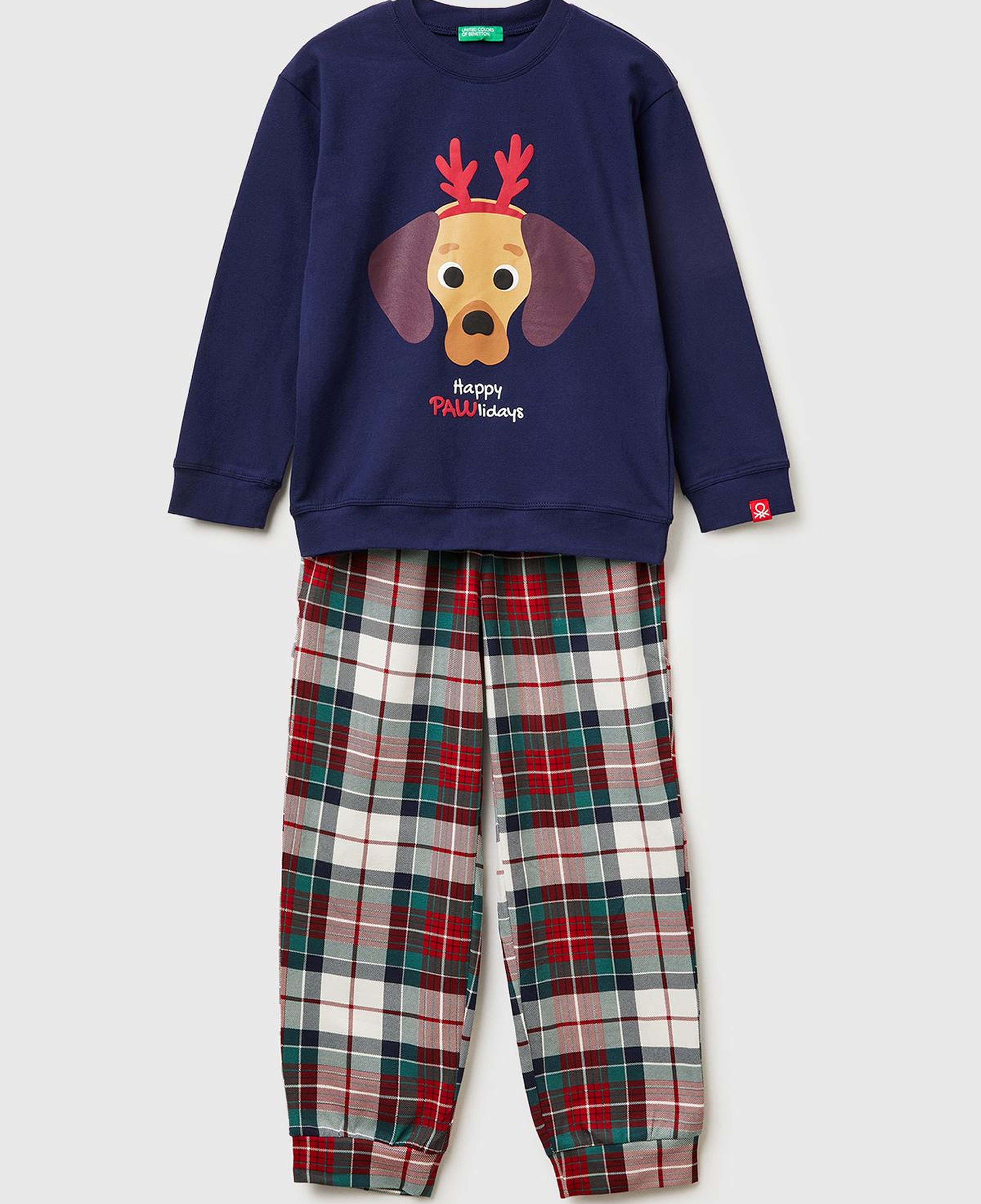 Erkek Çocuk Lacivert Üstü Baskılı Altı Kare Desenli Pijama Takımı