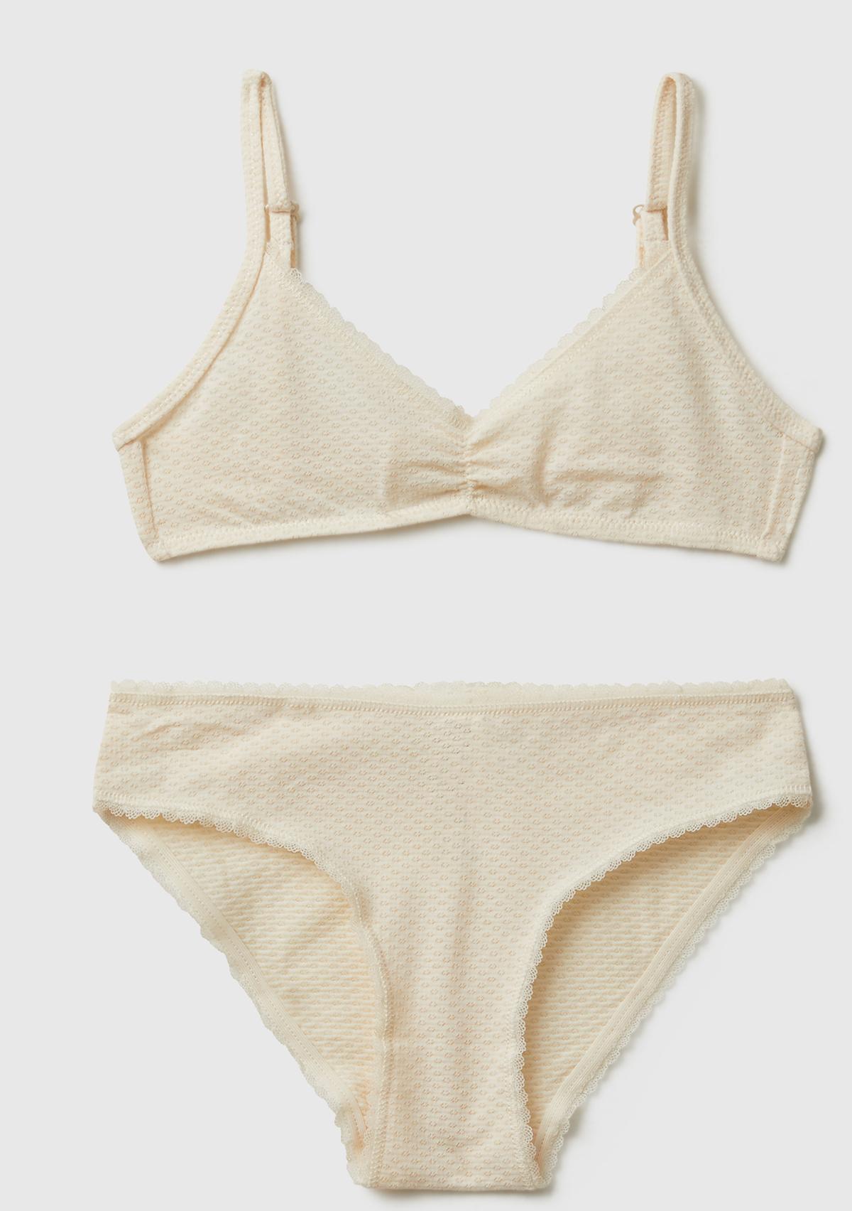 Kız Çocuk Krem Düz Renk Ayarlanabilir Askılı Bikini Takımı