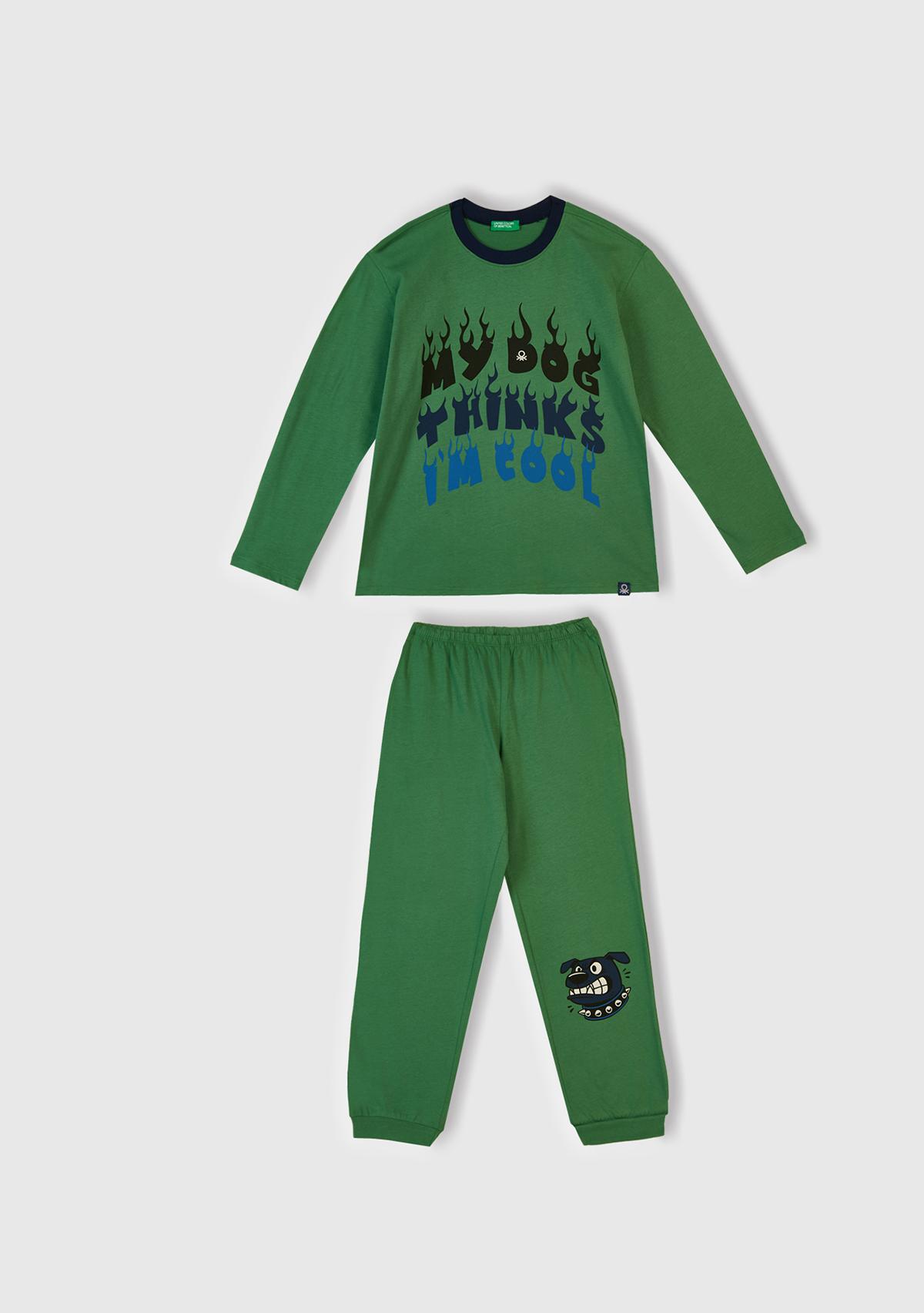 Erkek Çocuk Yeşil Üstü Baskılı Altı Cepli Pijama Takımı