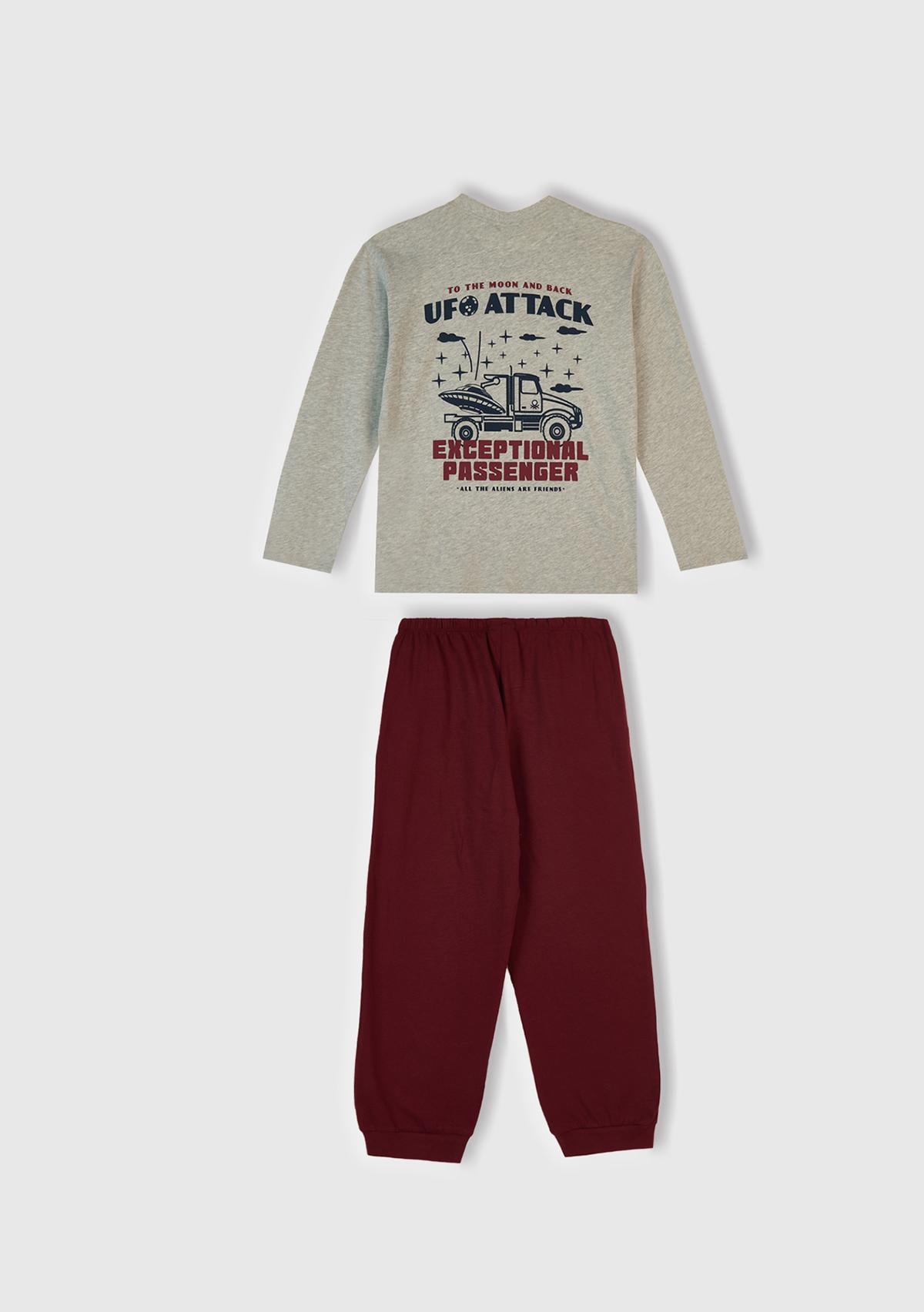 Erkek Çocuk Gri Melanj Üstü Baskılı Altı Cepli Pijama Takımı