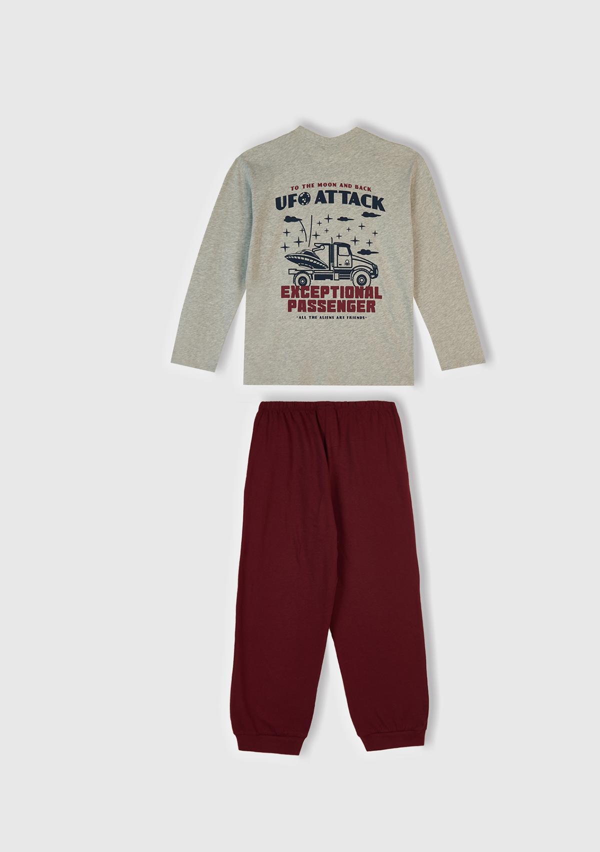 Erkek Çocuk Gri Melanj Üstü Baskılı Altı Cepli Pijama Takımı