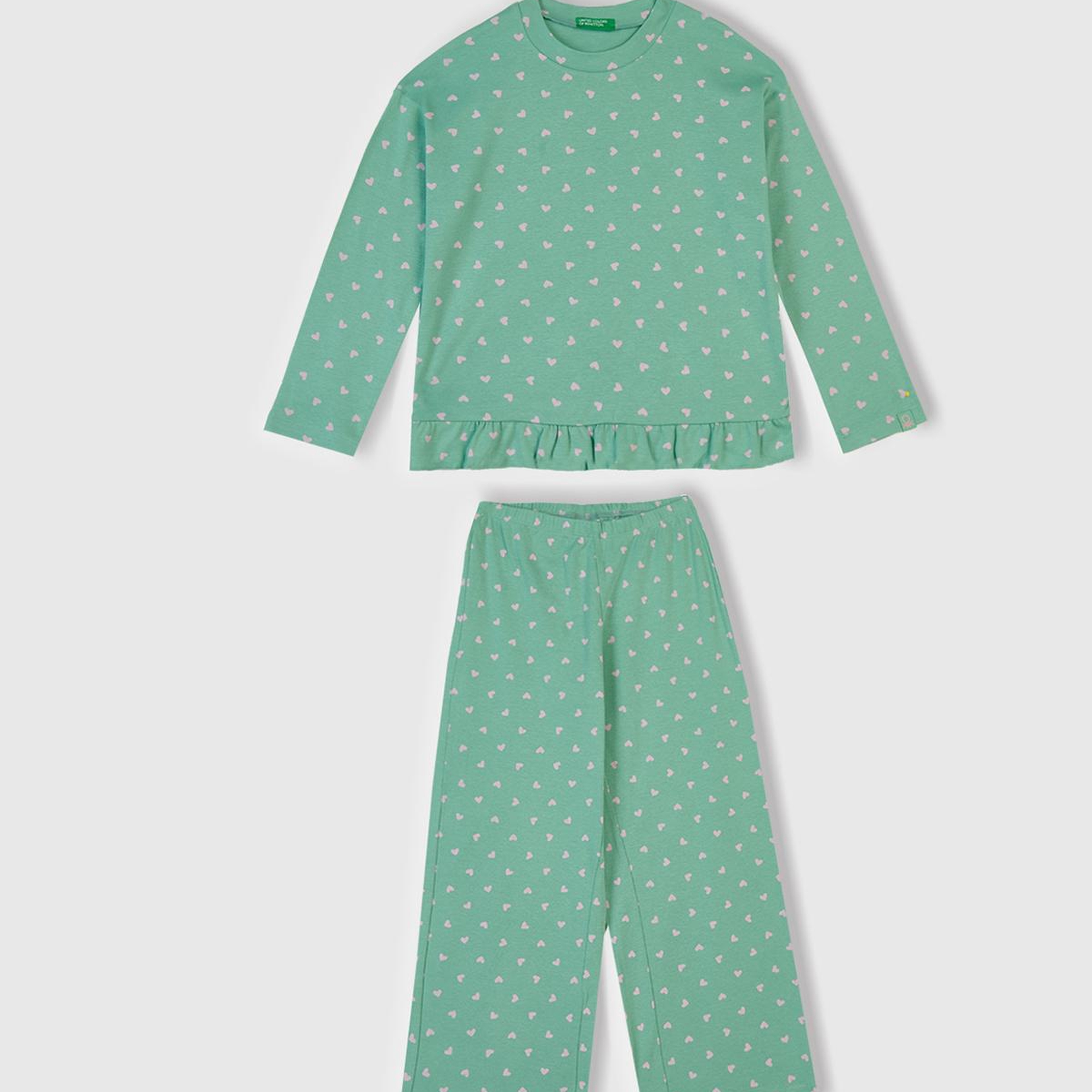 Kız Çocuk Turkuaz Desenli Fırfır Detaylı Pijama Takımı