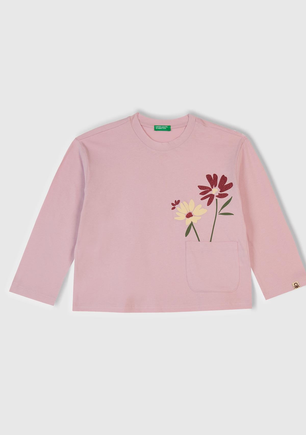 Kız Çocuk Toz Pembe-Mor Üstü Baskılı Cep Detaylı Altı Desenli Slim Fit Pijama Takımı