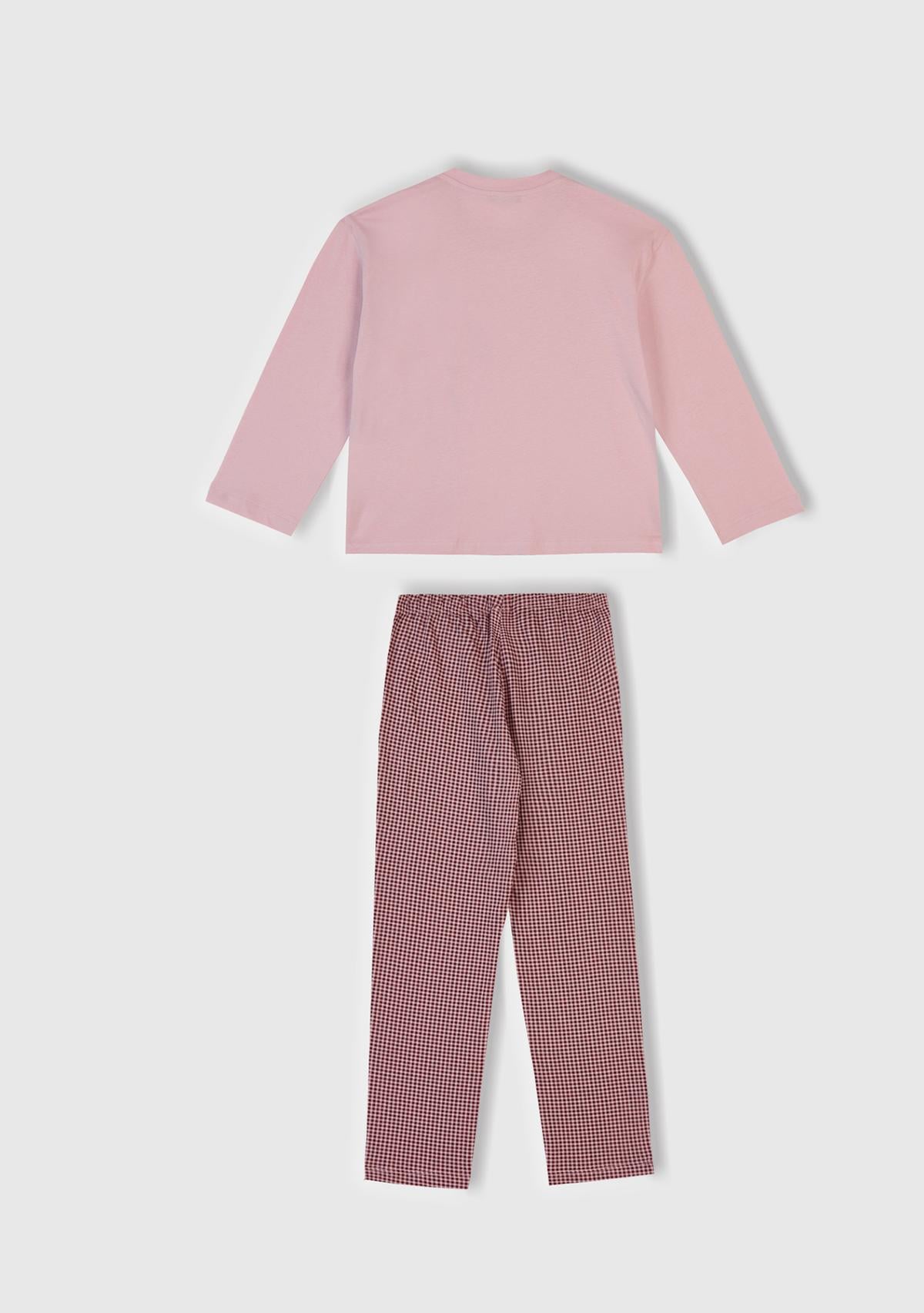 Kız Çocuk Toz Pembe-Mor Üstü Baskılı Cep Detaylı Altı Desenli Slim Fit Pijama Takımı