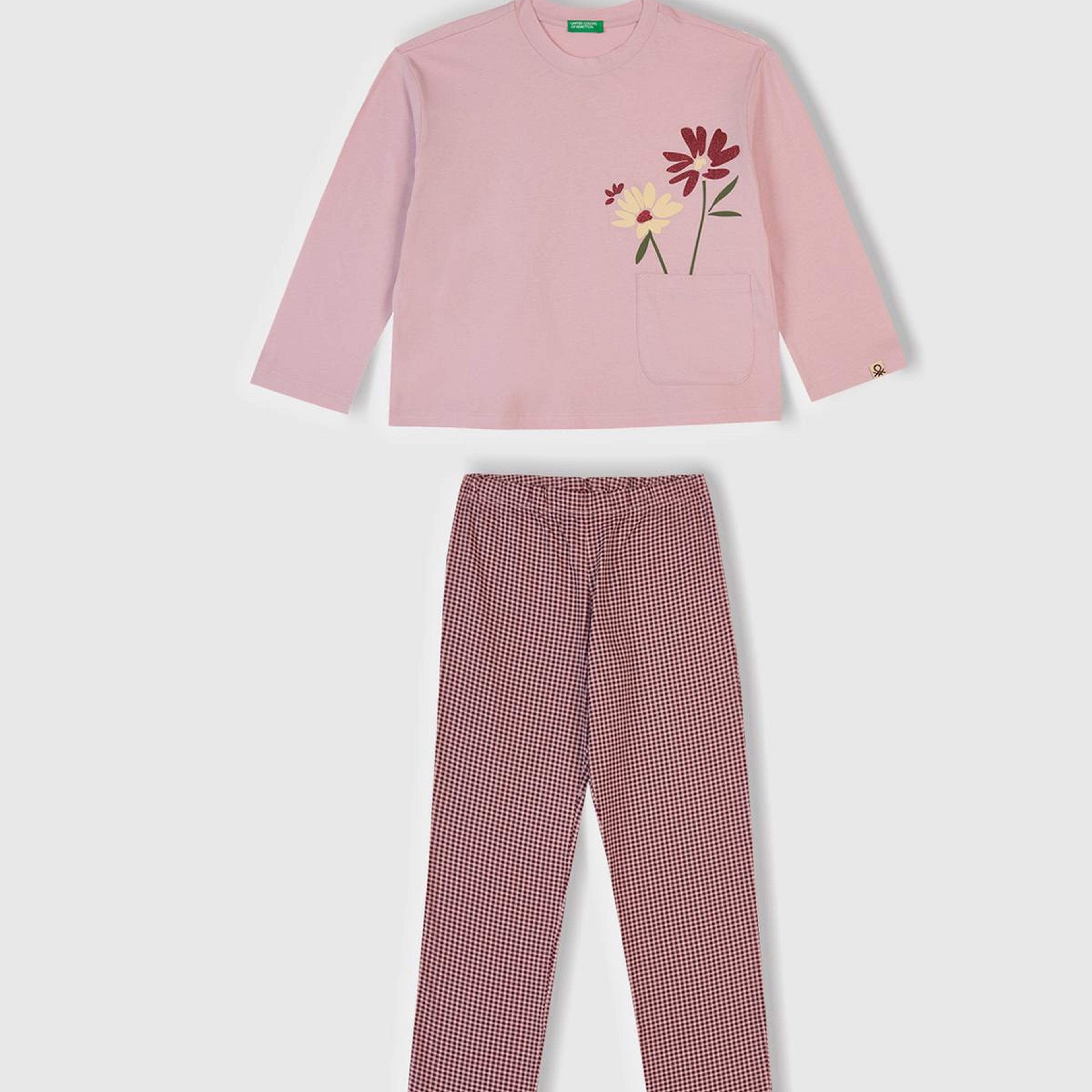 Kız Çocuk Toz Pembe-Mor Üstü Baskılı Cep Detaylı Altı Desenli Slim Fit Pijama Takımı