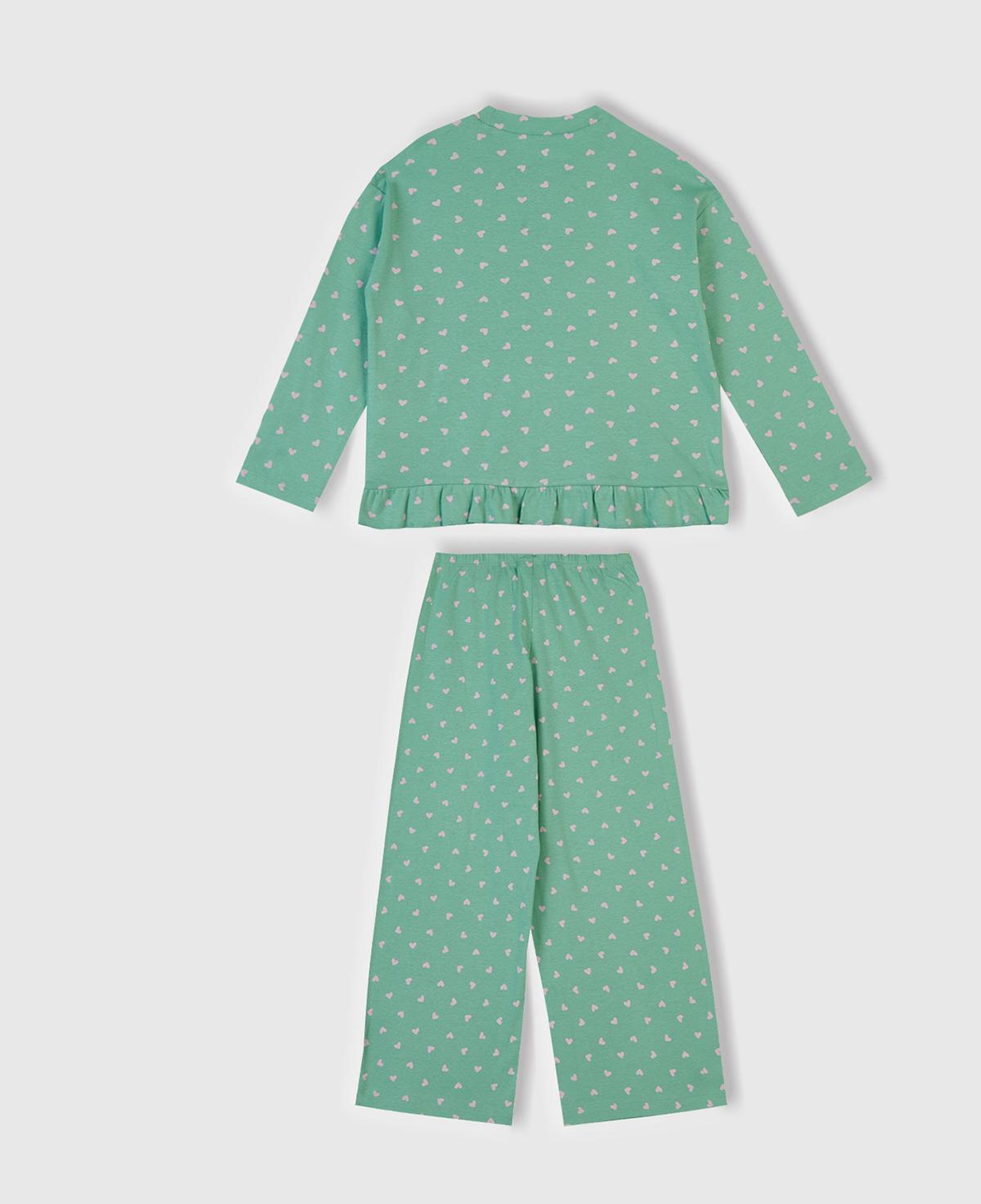 Kız Çocuk Turkuaz Desenli Fırfır Detaylı Pijama Takımı