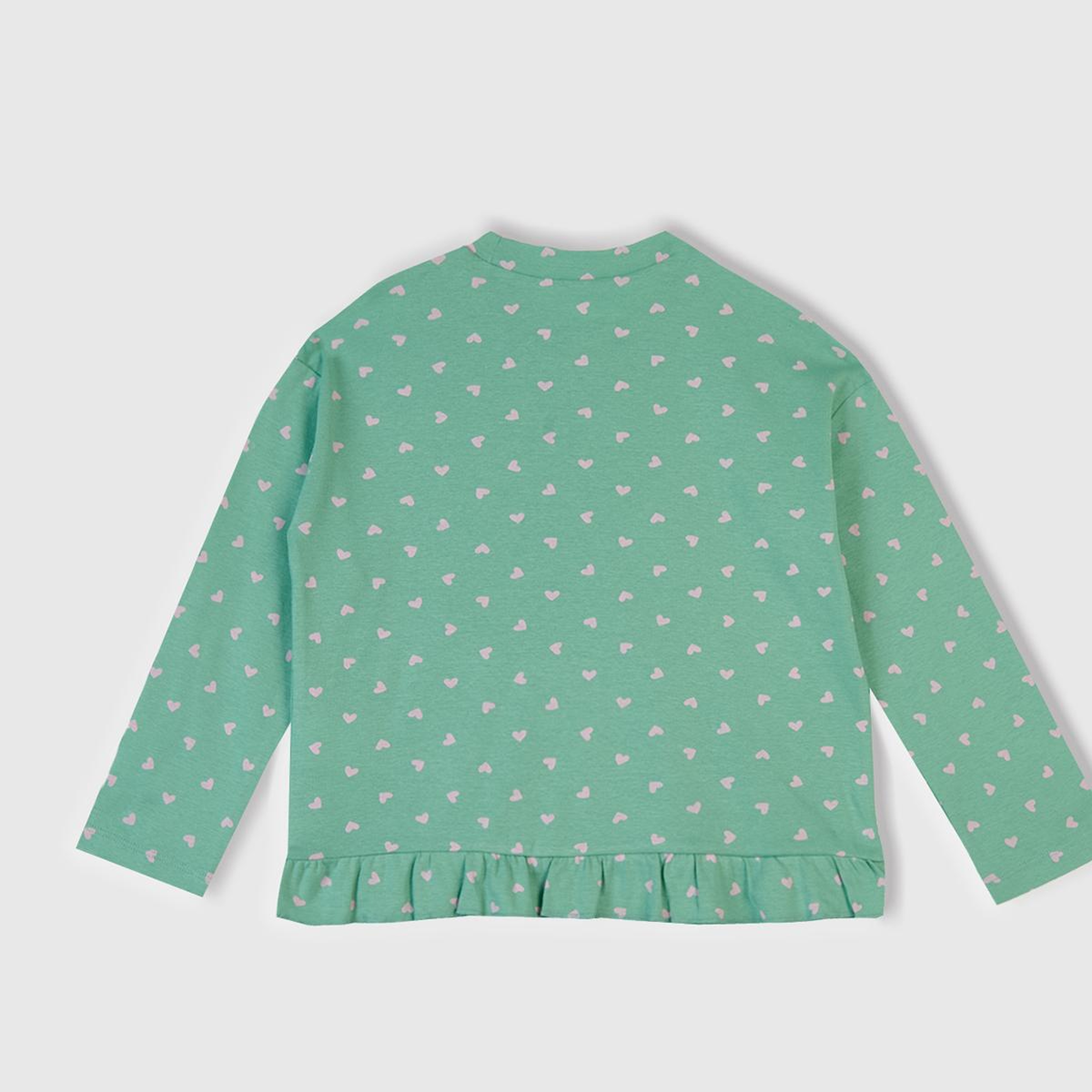 Kız Çocuk Turkuaz Desenli Fırfır Detaylı Pijama Takımı