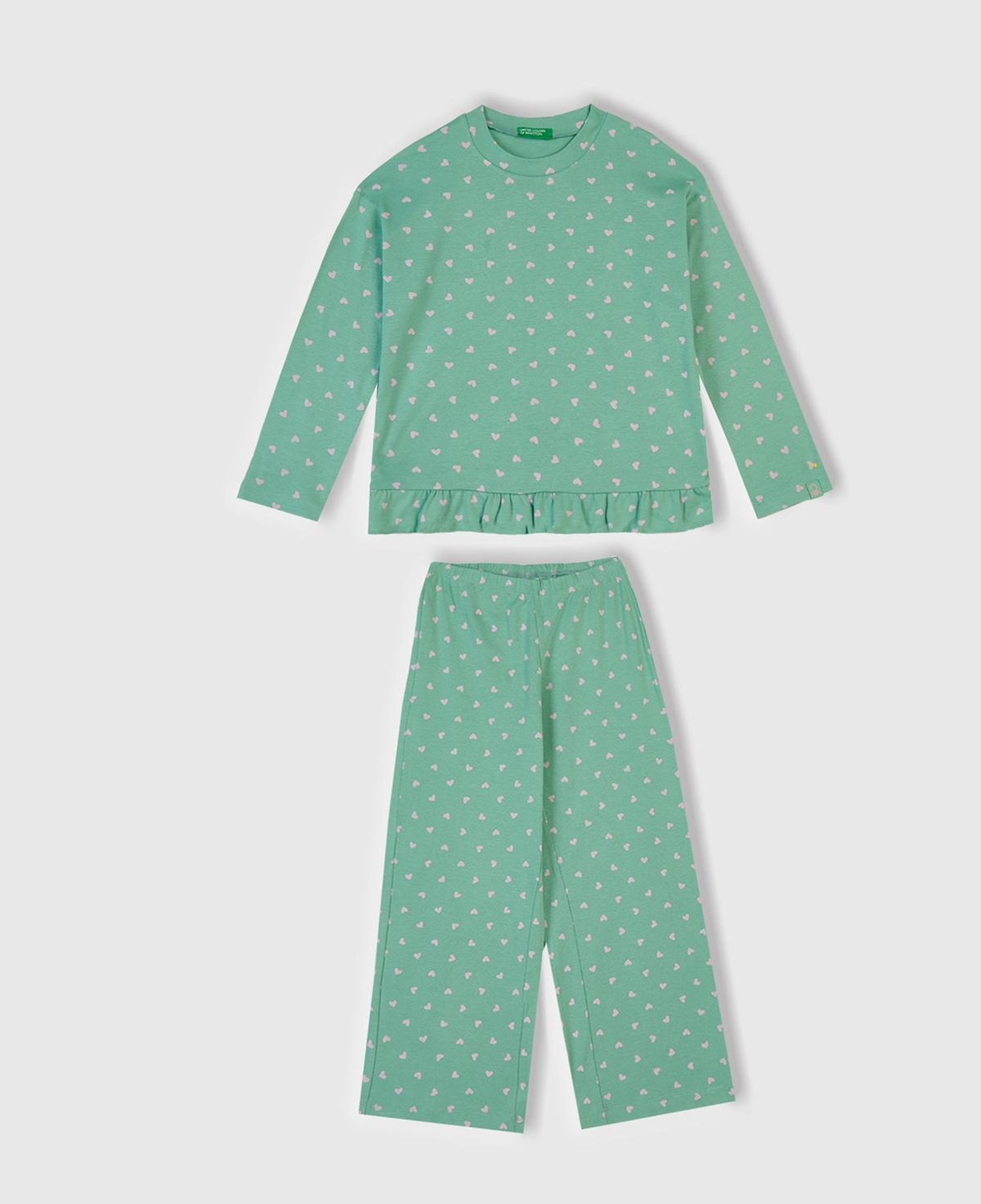 Kız Çocuk Turkuaz Desenli Fırfır Detaylı Pijama Takımı