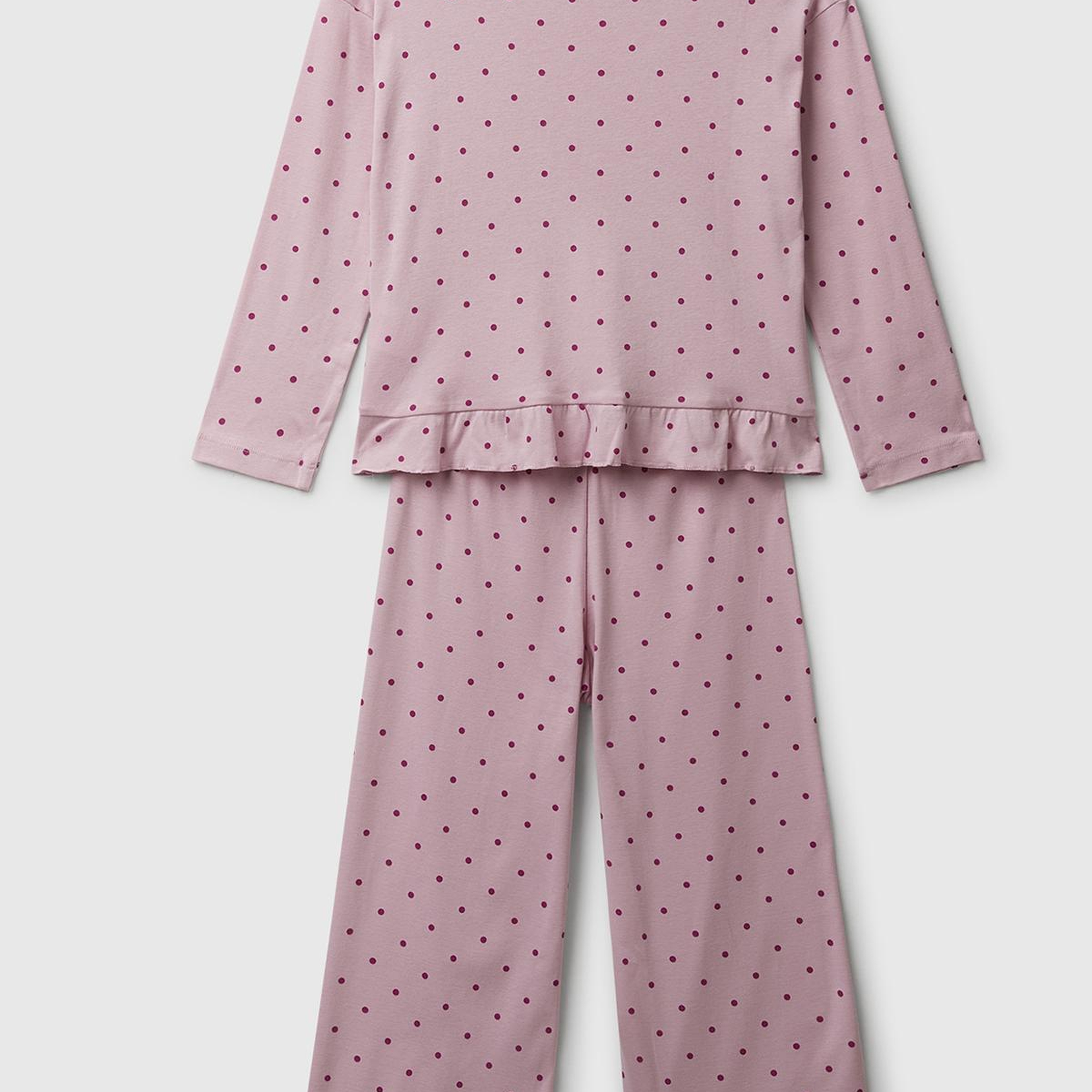 Kız Çocuk Soluk Pembe Desenli Fırfır Detaylı Pijama Takımı