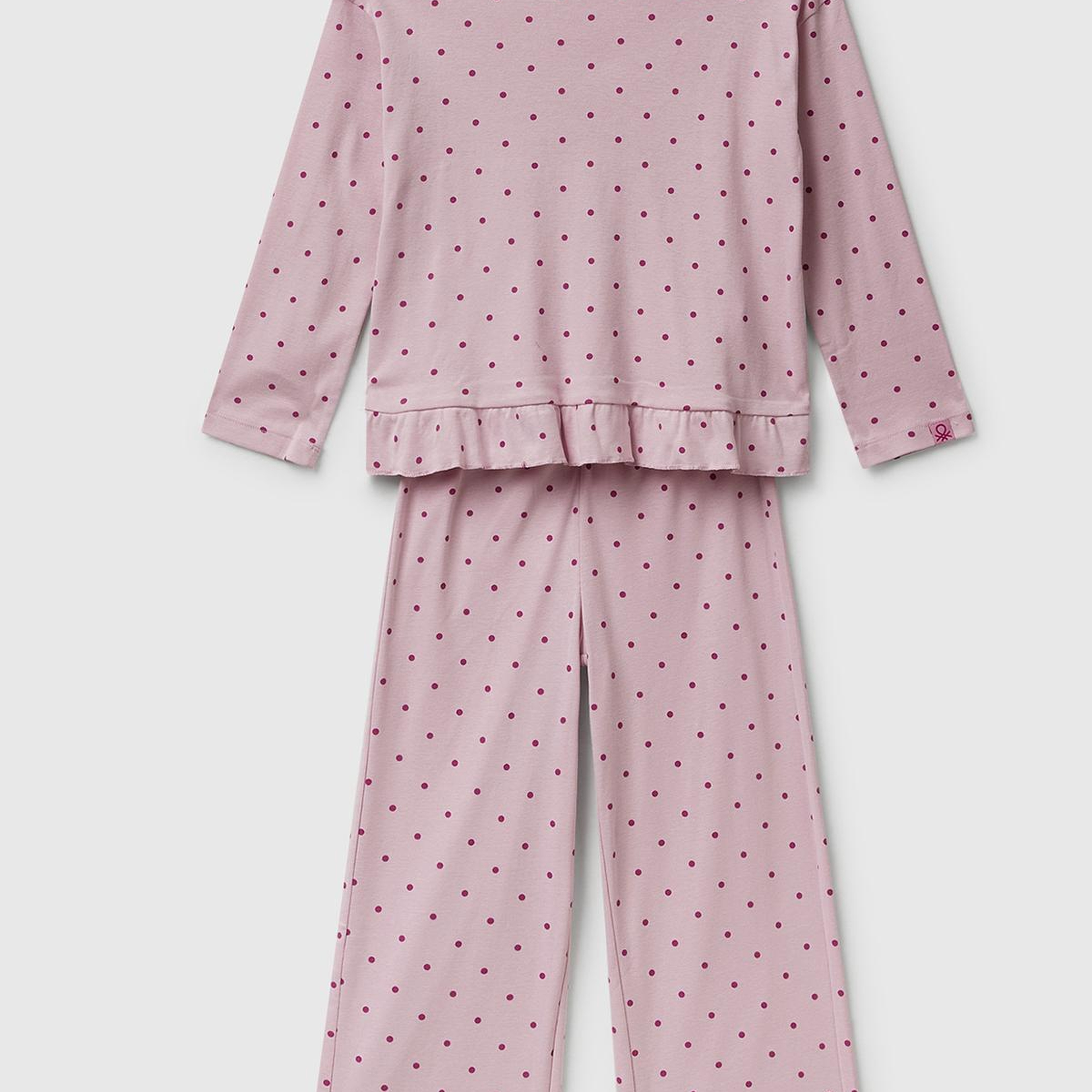 Kız Çocuk Soluk Pembe Desenli Fırfır Detaylı Pijama Takımı