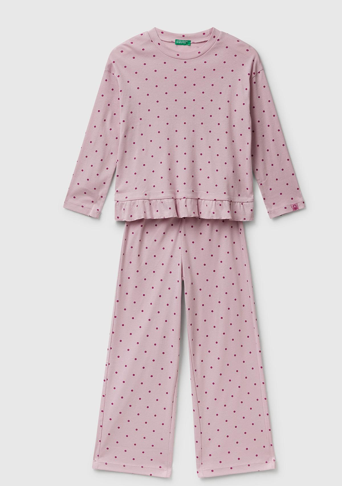 Kız Çocuk Soluk Pembe Desenli Fırfır Detaylı Pijama Takımı