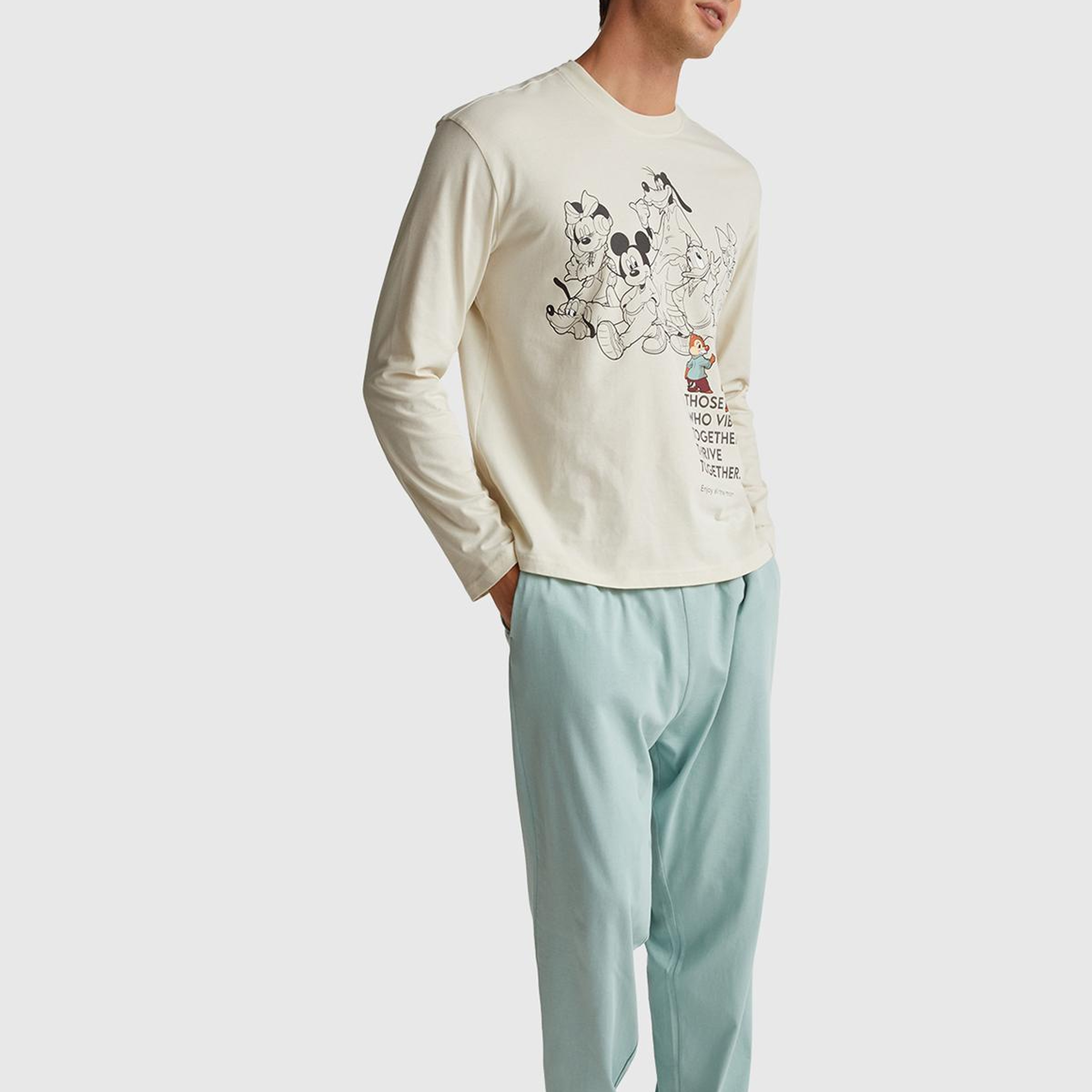 Erkek Krem %100 Koton Disney Baskılı Uzun Kollu Pijama Üstü