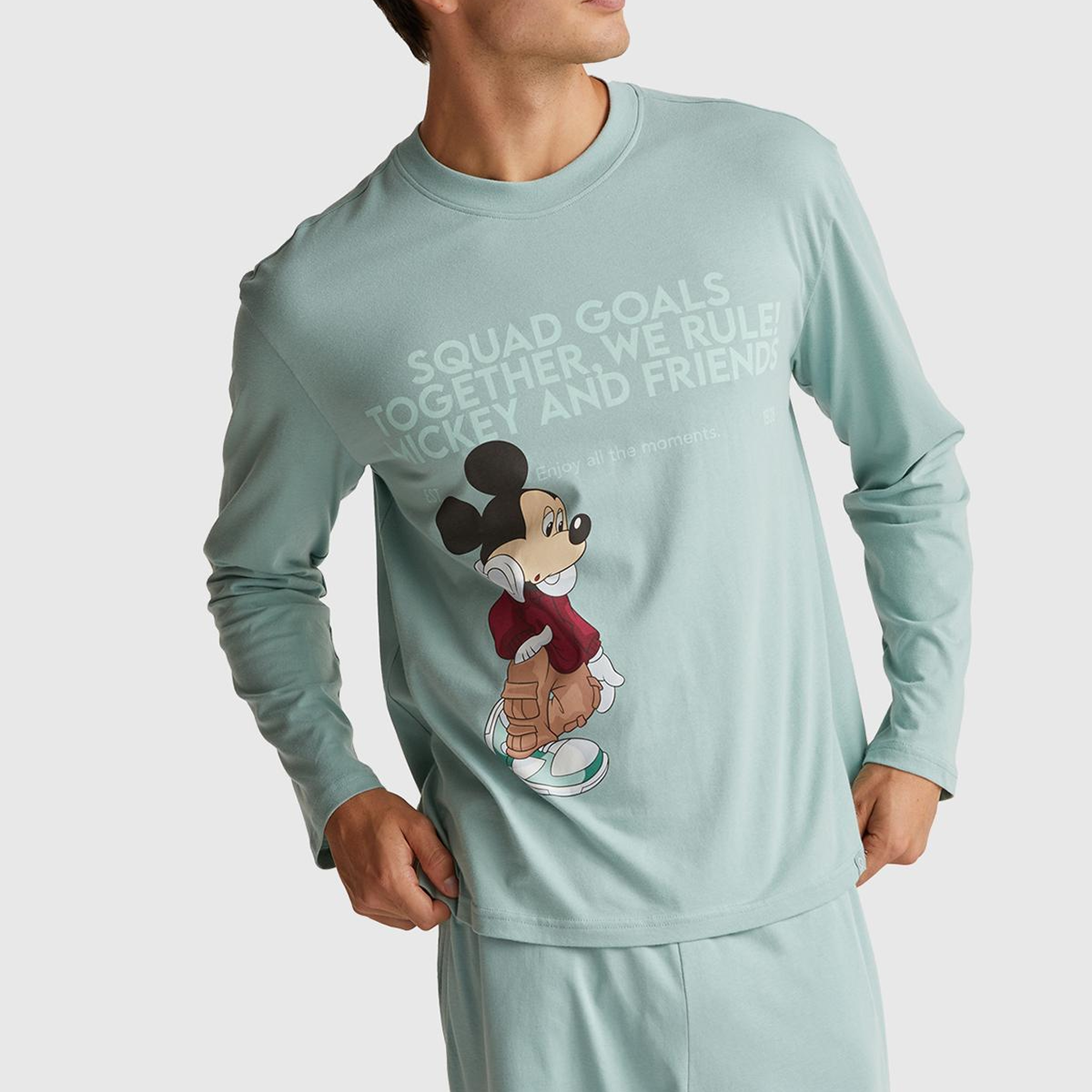 Erkek Açık Yeşil %100 Koton Disney Baskılı Uzun Kollu Pijama Üstü