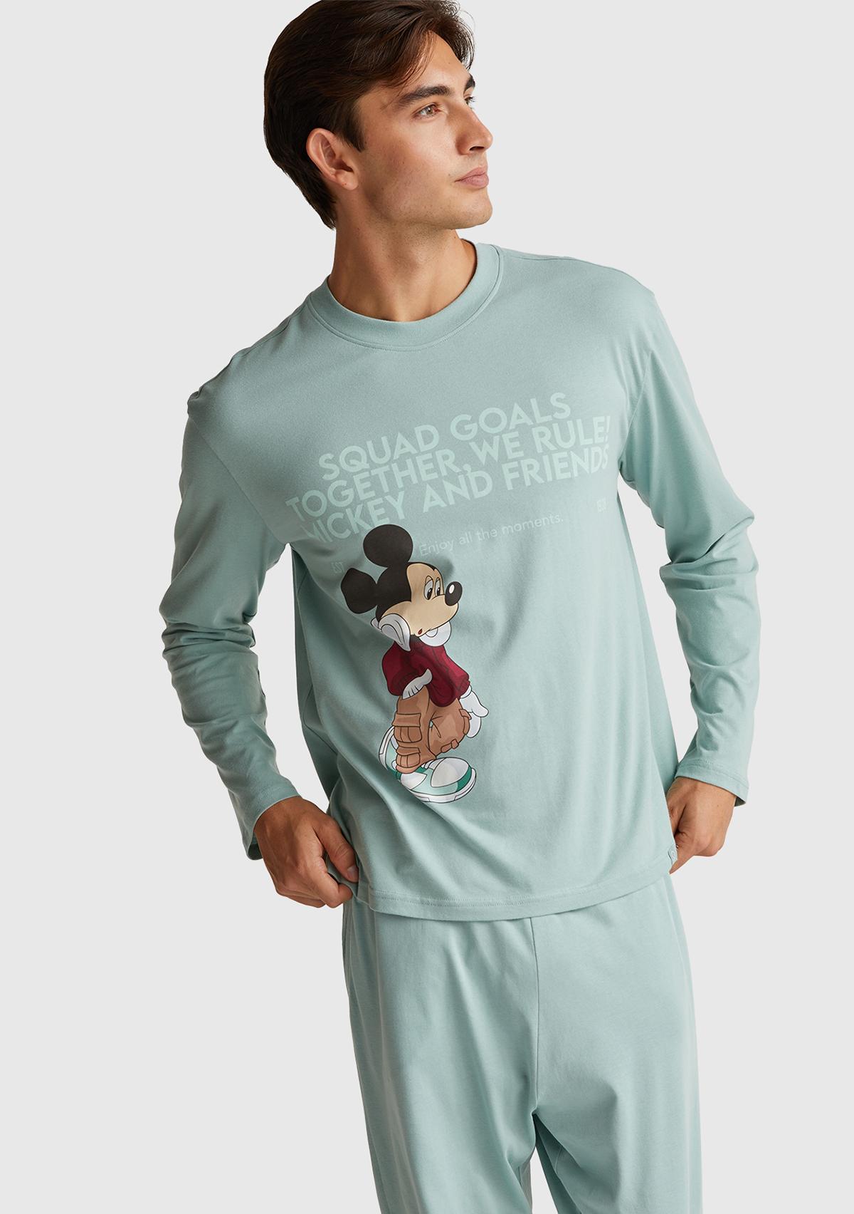 Erkek Açık Yeşil %100 Koton Disney Baskılı Uzun Kollu Pijama Üstü