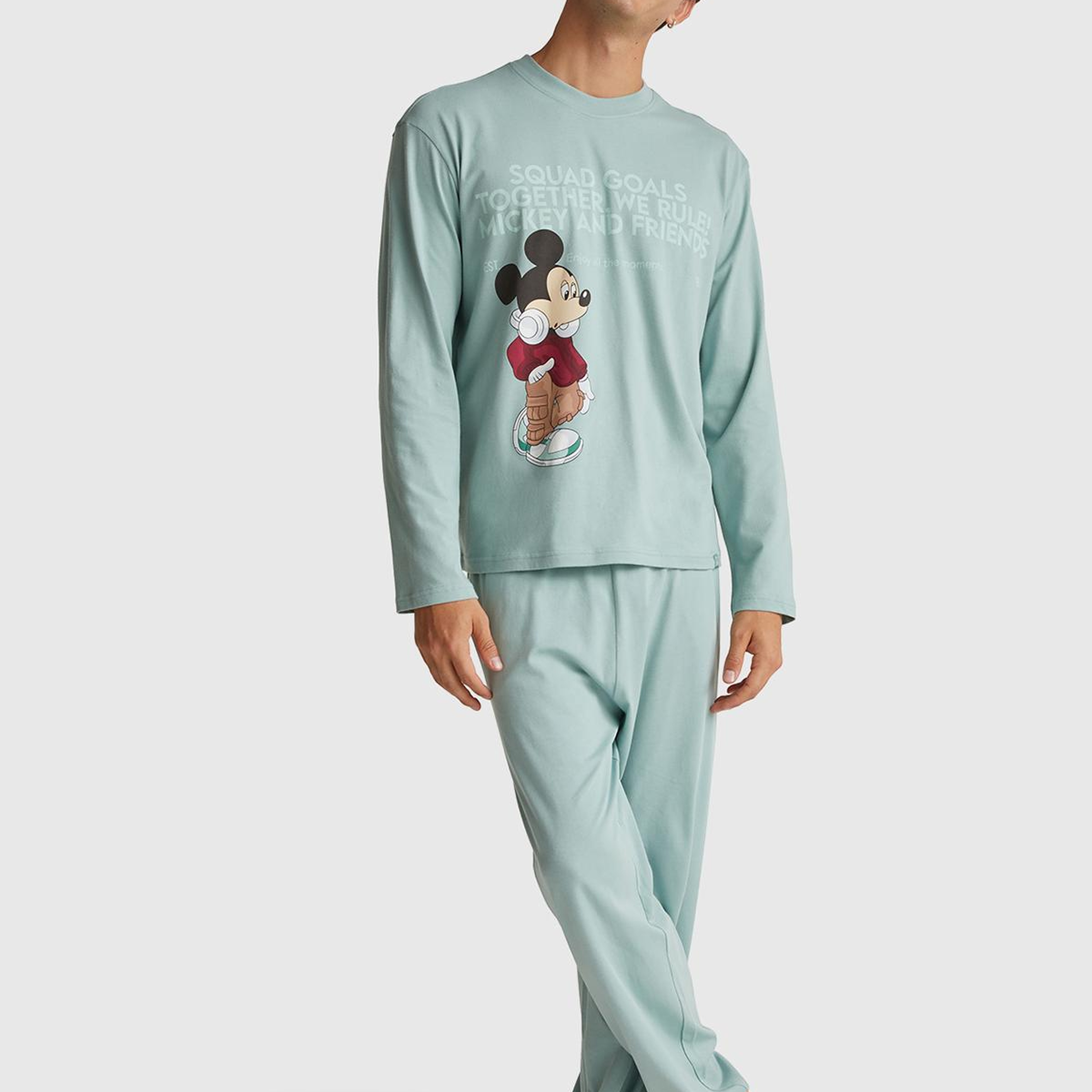 Erkek Açık Yeşil %100 Koton Disney Baskılı Uzun Kollu Pijama Üstü