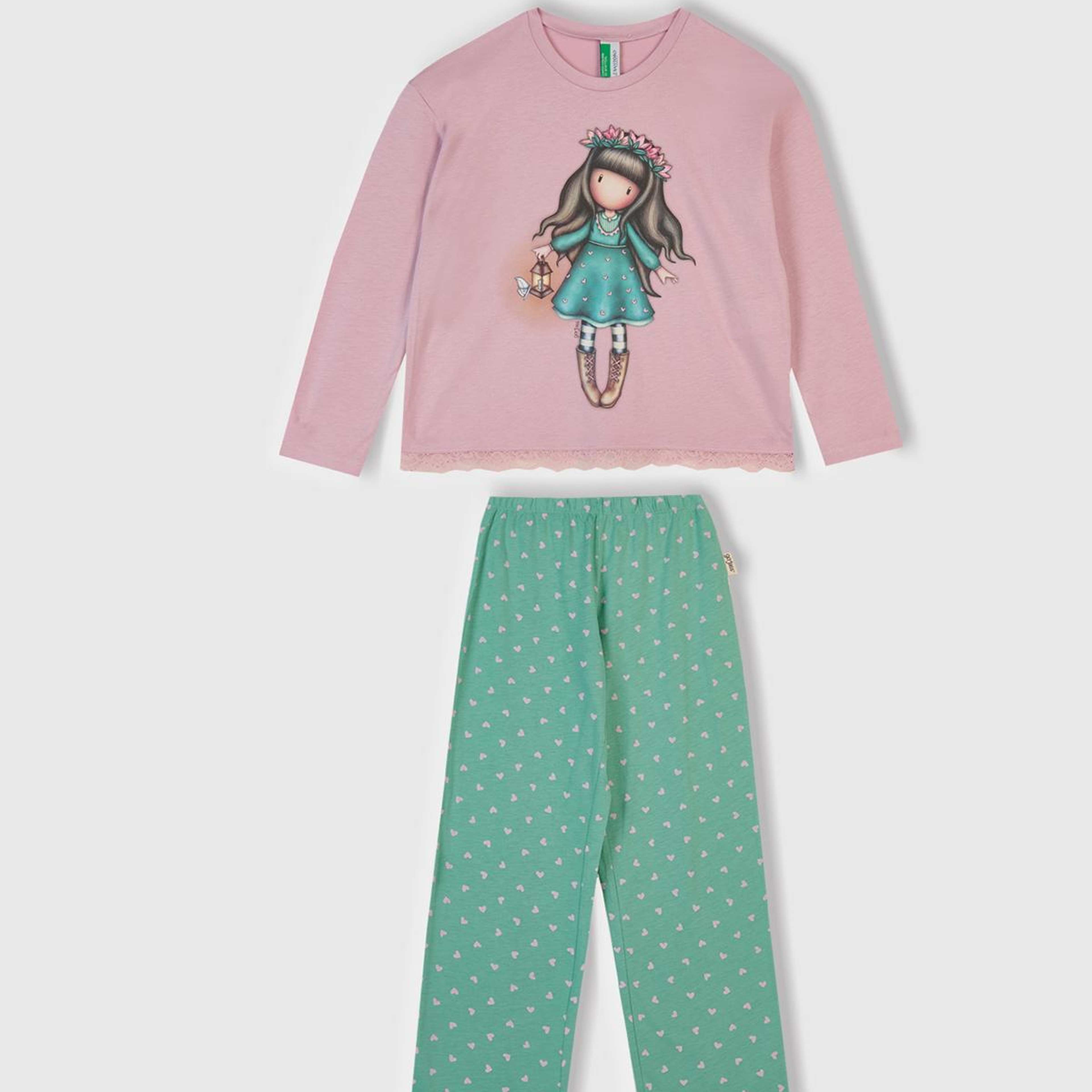 Kız Çocuk Toz Pembe-Turkuaz Üstü Baskılı Altı Desenli Pijama Takımı