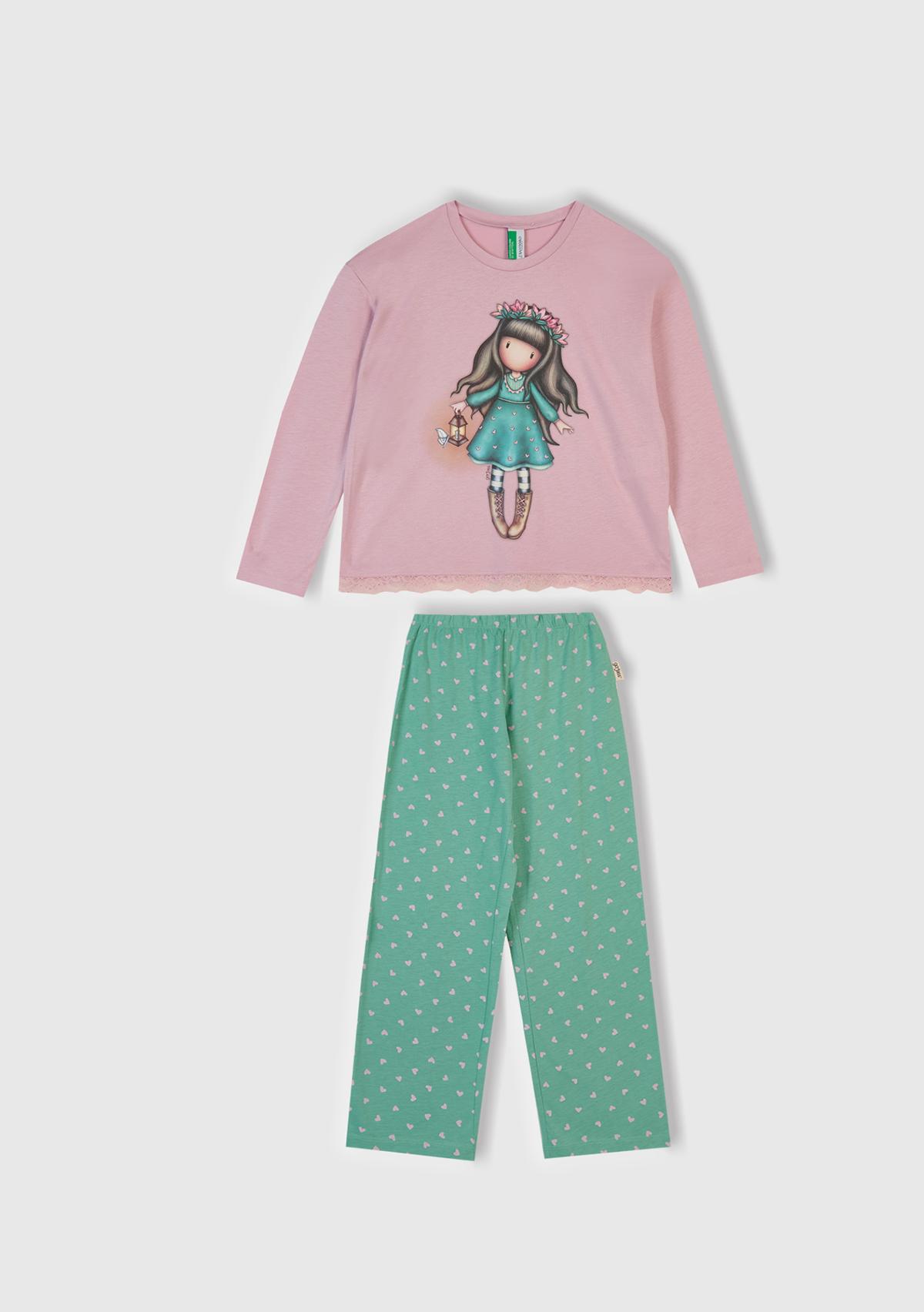 Kız Çocuk Toz Pembe-Turkuaz Üstü Baskılı Altı Desenli Pijama Takımı