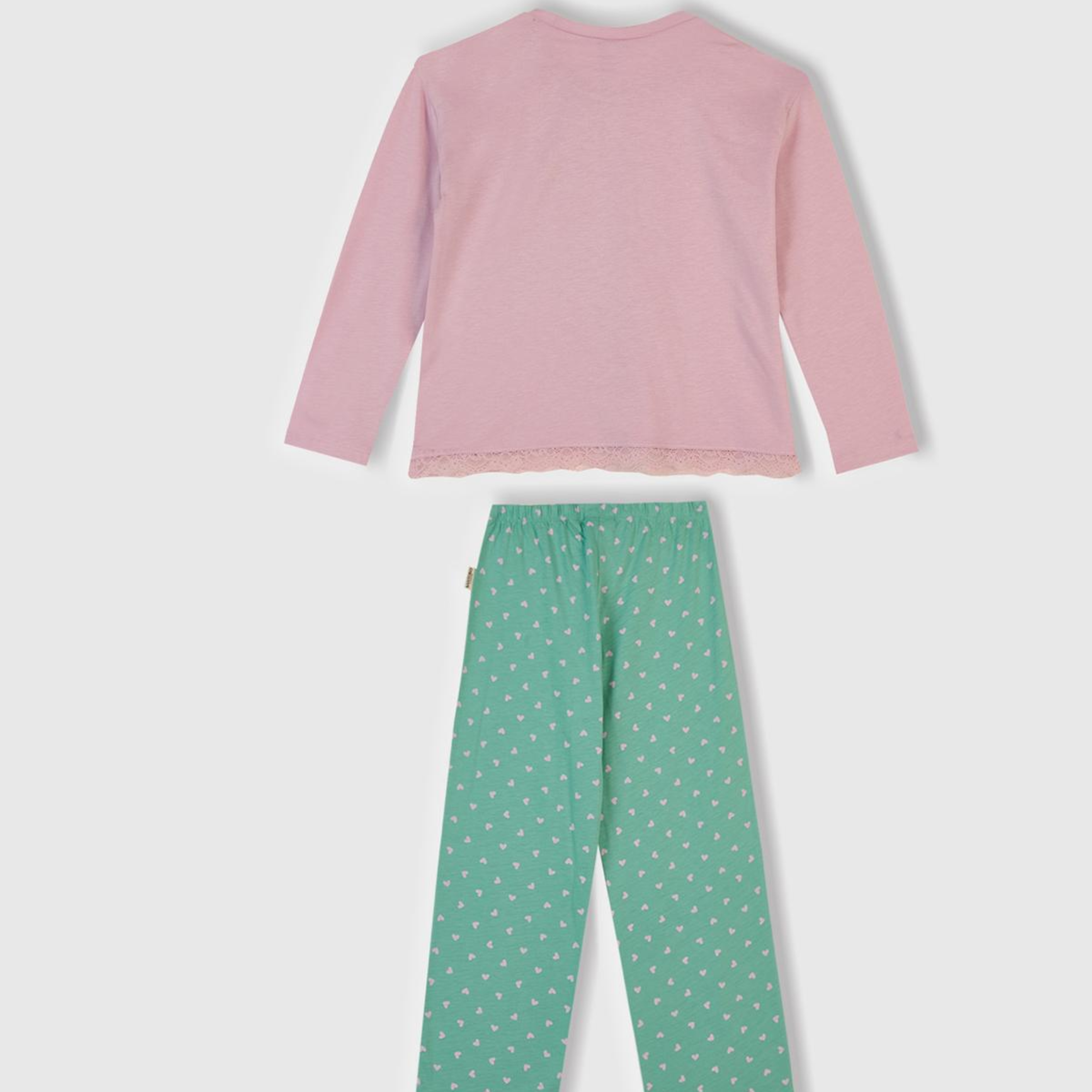 Kız Çocuk Toz Pembe-Turkuaz Üstü Baskılı Altı Desenli Pijama Takımı