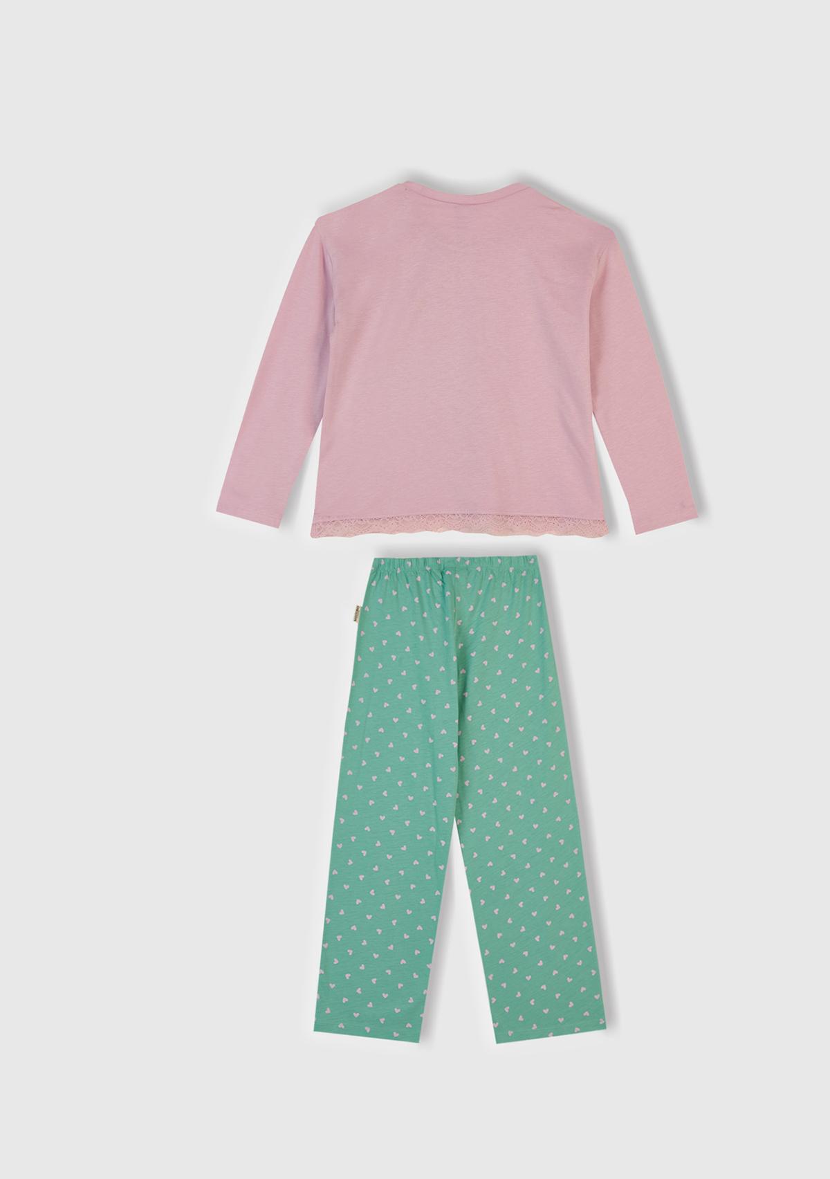 Kız Çocuk Toz Pembe-Turkuaz Üstü Baskılı Altı Desenli Pijama Takımı