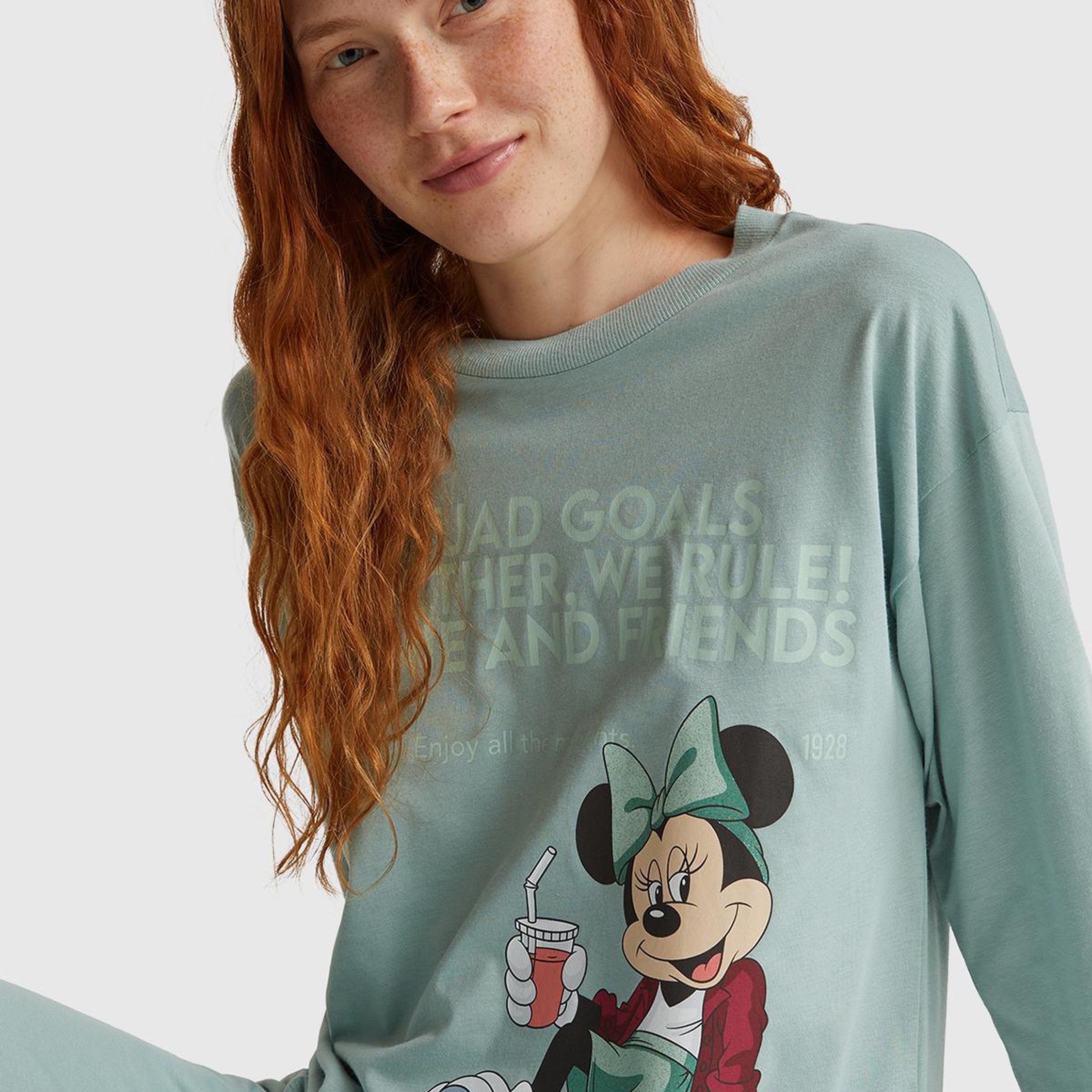 Kadın Açık Yeşil Koton Karışımlı Disney Baskılı Pijama üstü